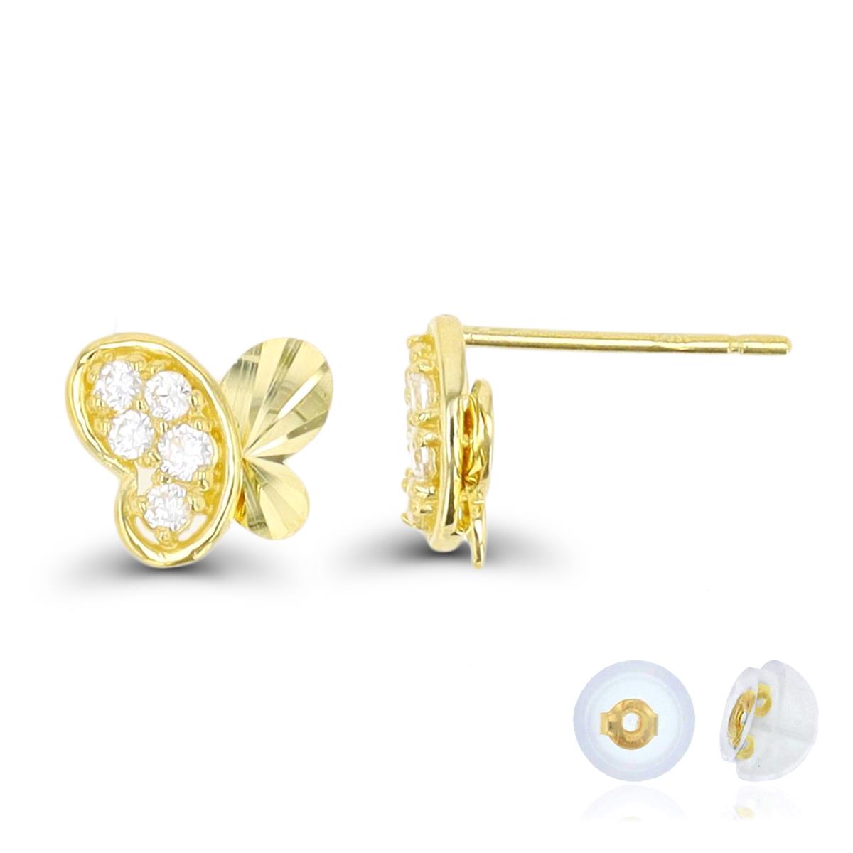 14K Yellow Gold Diamond Cut Micropave Heart Butterfly CZ Stud Earring & 14K Silicone Back