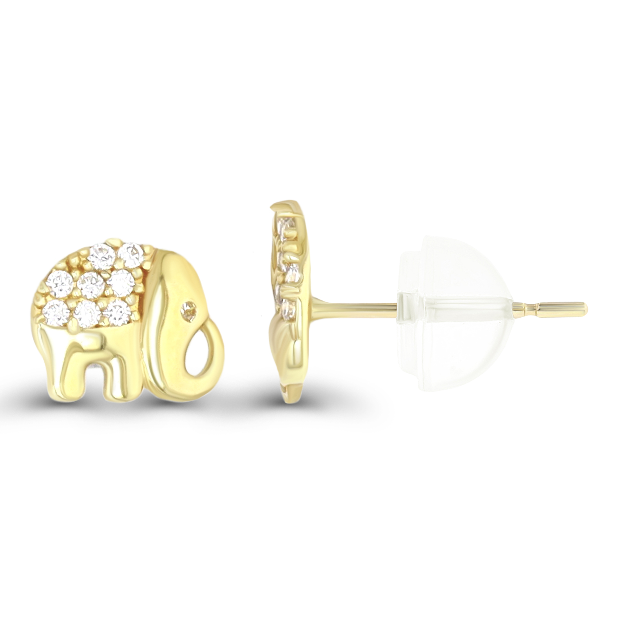 14K Yellow Gold Micropave Elephant CZ Stud Earring & 14K Silicone Back