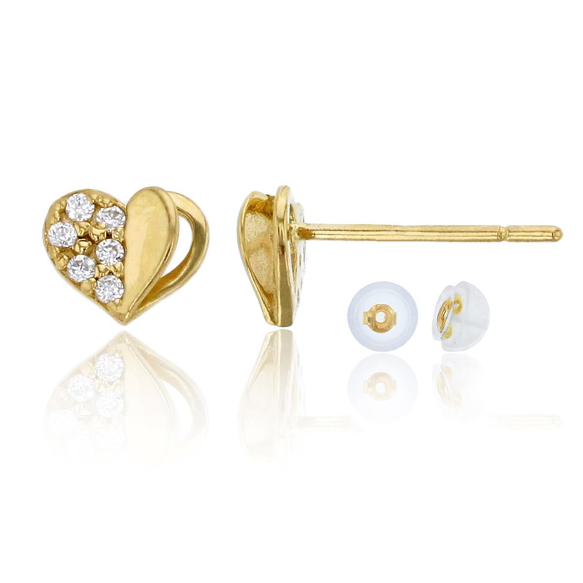 14K Yellow Gold Micropave Half Open Heart CZ Stud Earring & 14K Silicone Back