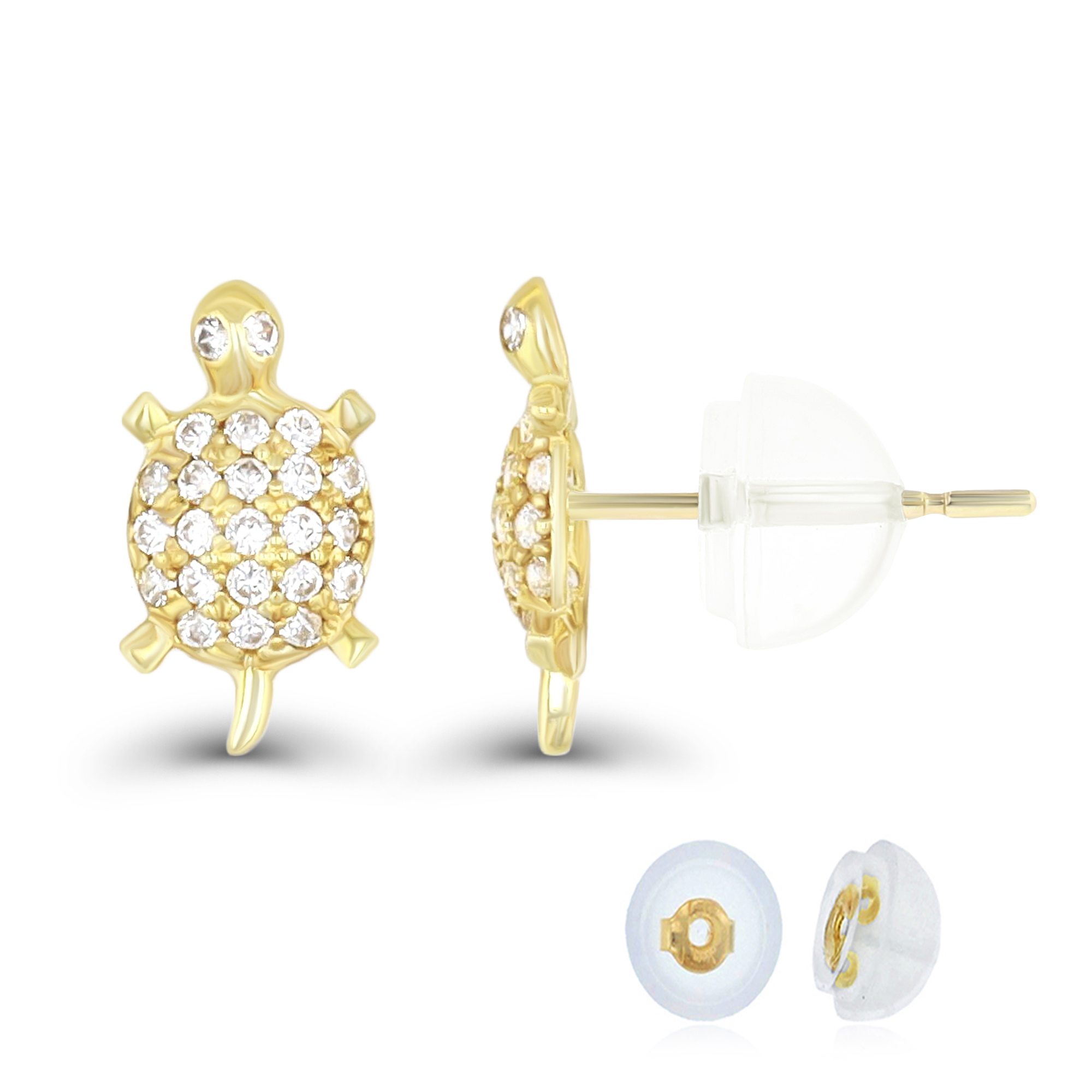 14K Yellow Gold Rnd CZ Micropave Turtle Stud Earring with Bubble Silicone Back