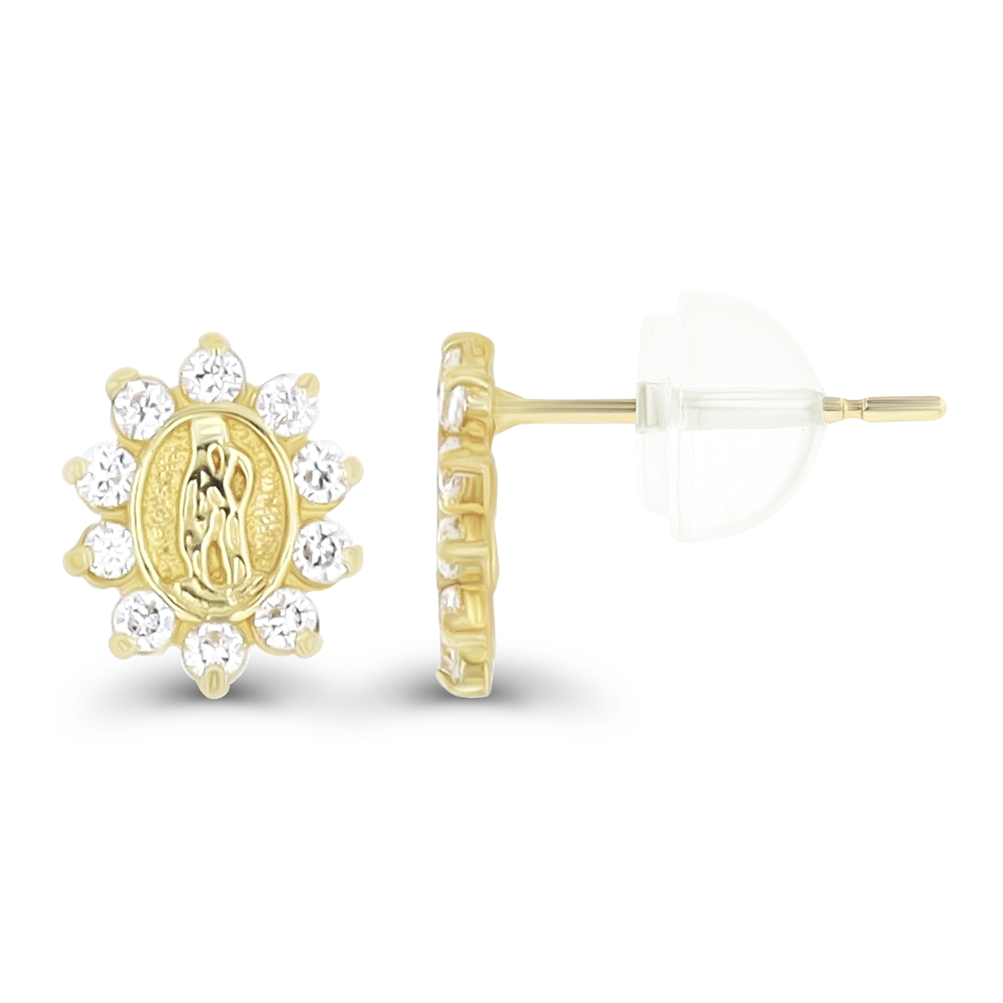 14K Yellow Gold Micropave Religious CZ Stud Earring & 14K Silicone Back