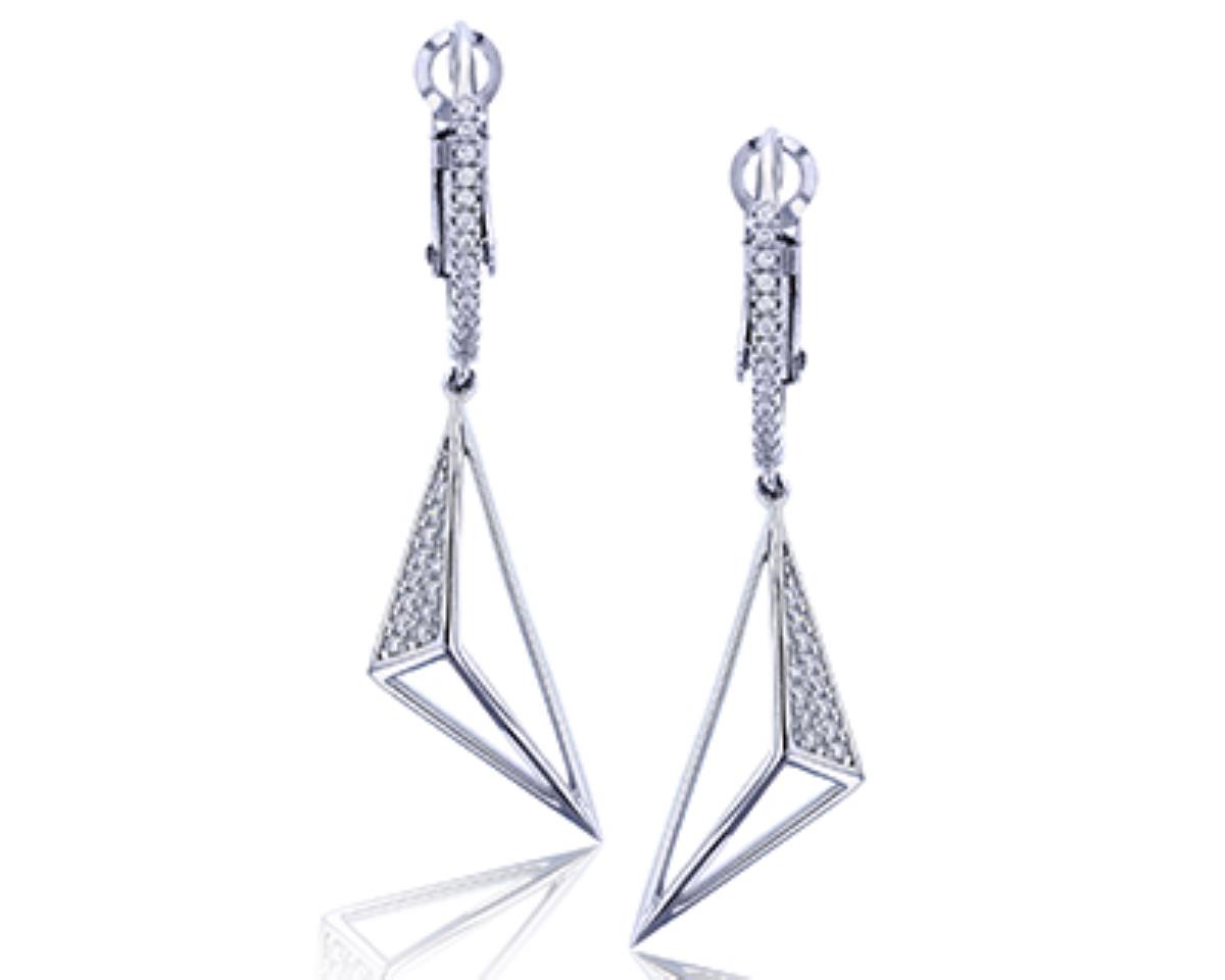 Sterling Silver Rhodium Micropave 45x9mm Open Triangle Dangling Earring