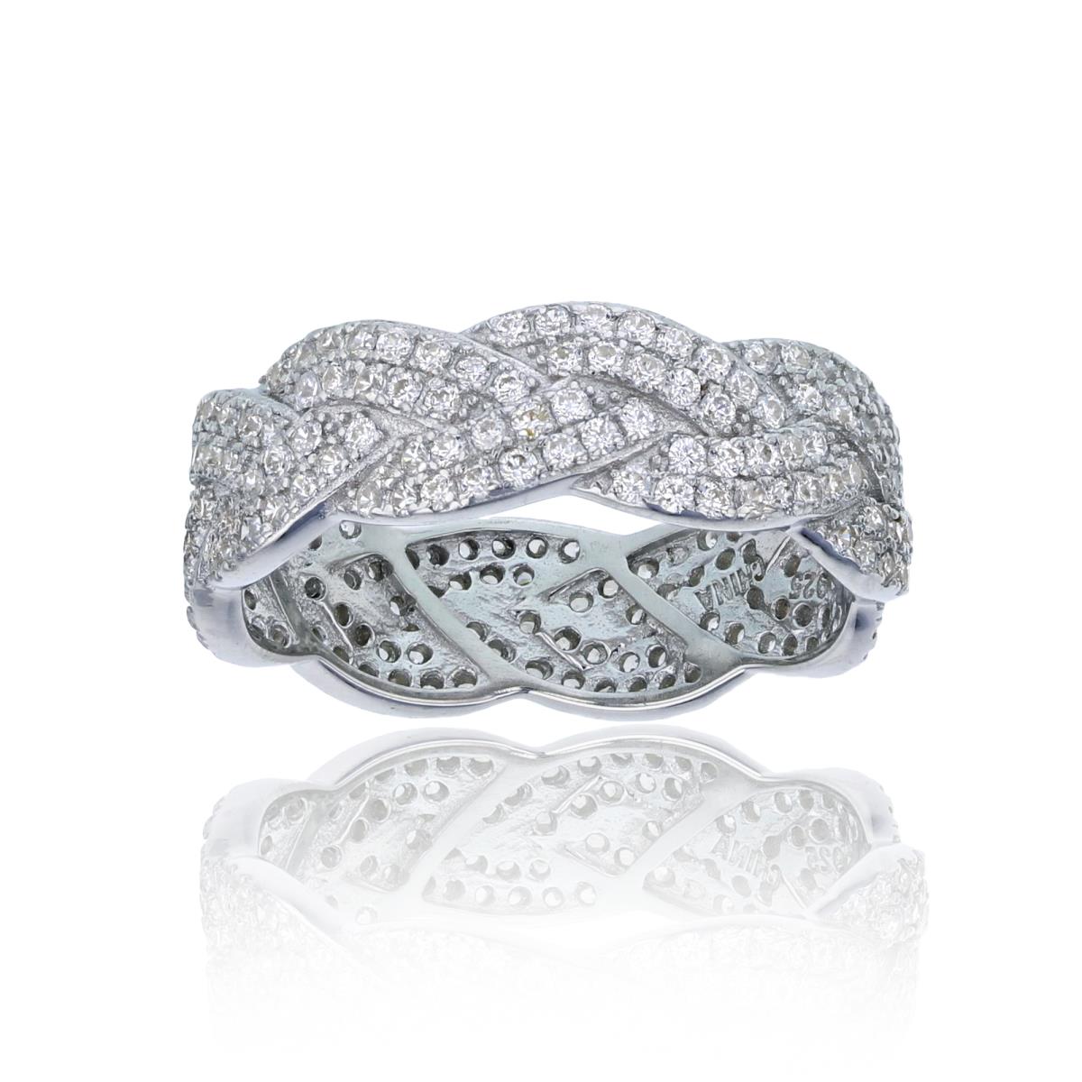 Sterling Silver Rhodium Micropave Braid Weave Eternity Ring