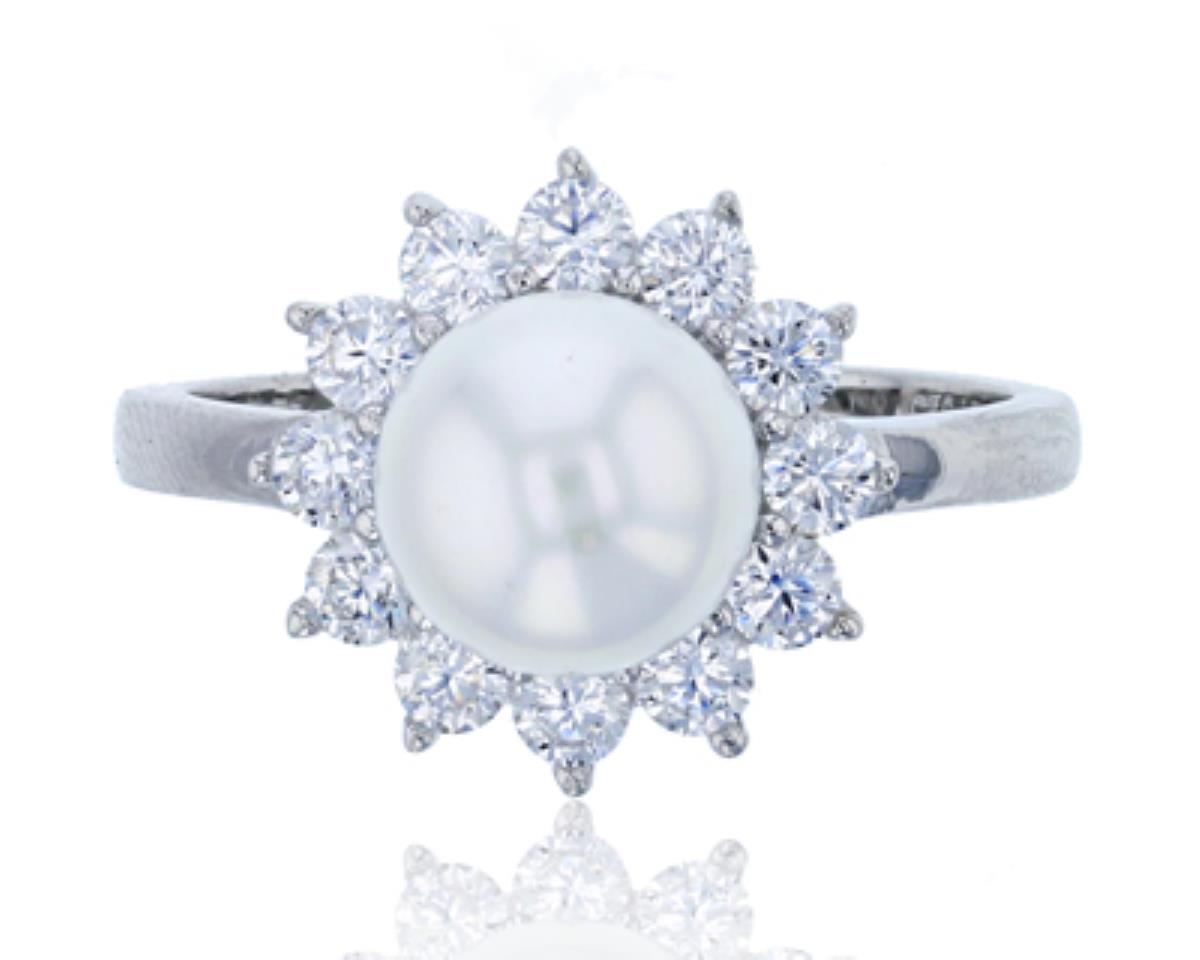 Sterling Silver Rhodium 9mm Fresh Water Pearl Flower Fashion Ring