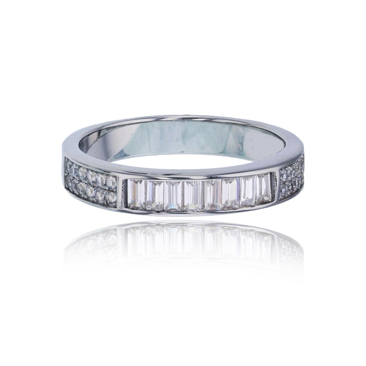 Sterling Silver Rhodium Micropave Baguette & Round Cut Anniversary Ring