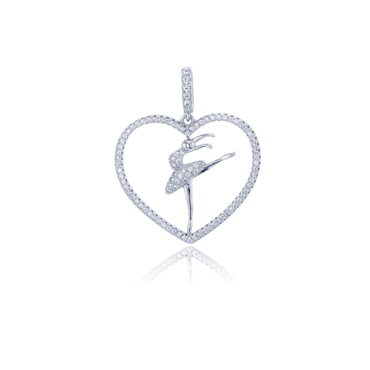 Sterling Silver Rhodium Micropave Dancing Ballerina In Open Heart Pendant