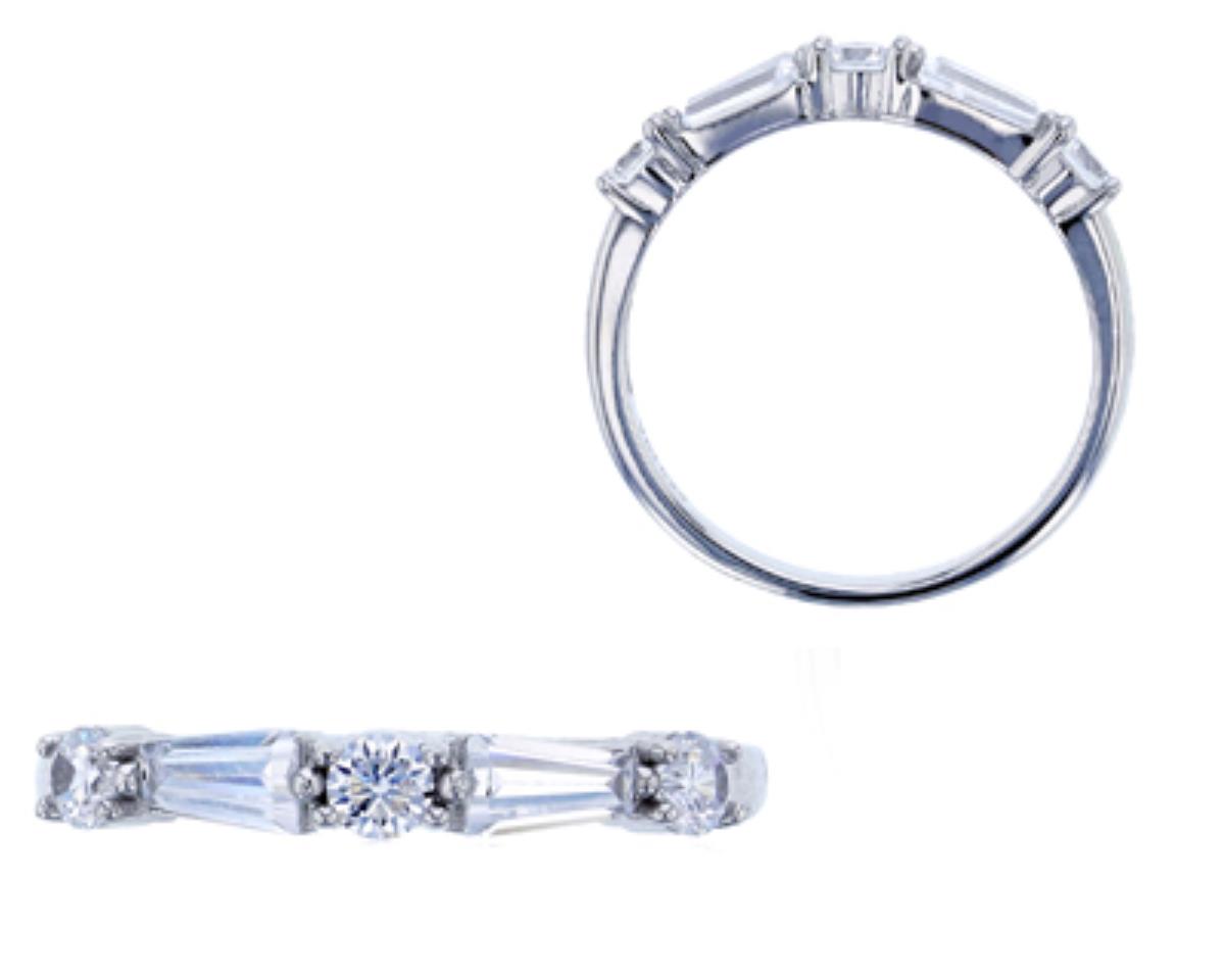 Sterling Silver Rhodium Baguette and Round Cut CZ 3mm Anniversary Ring