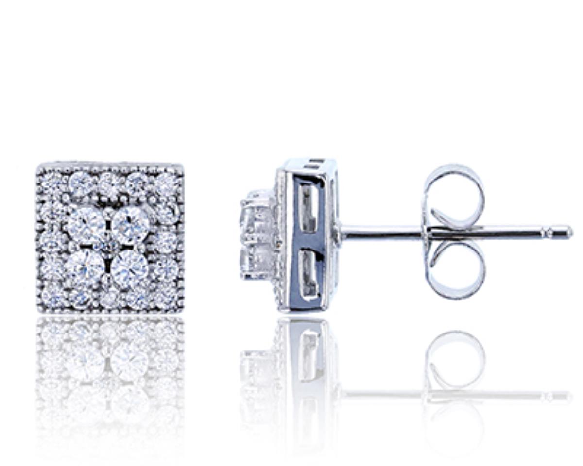 Sterling Silver Rhodium Micropave Round CZ Square Stud Earring