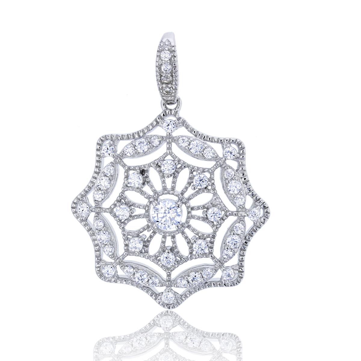 Sterling Silver Rhodium Micropave 32x24mm Spider Web Pendant