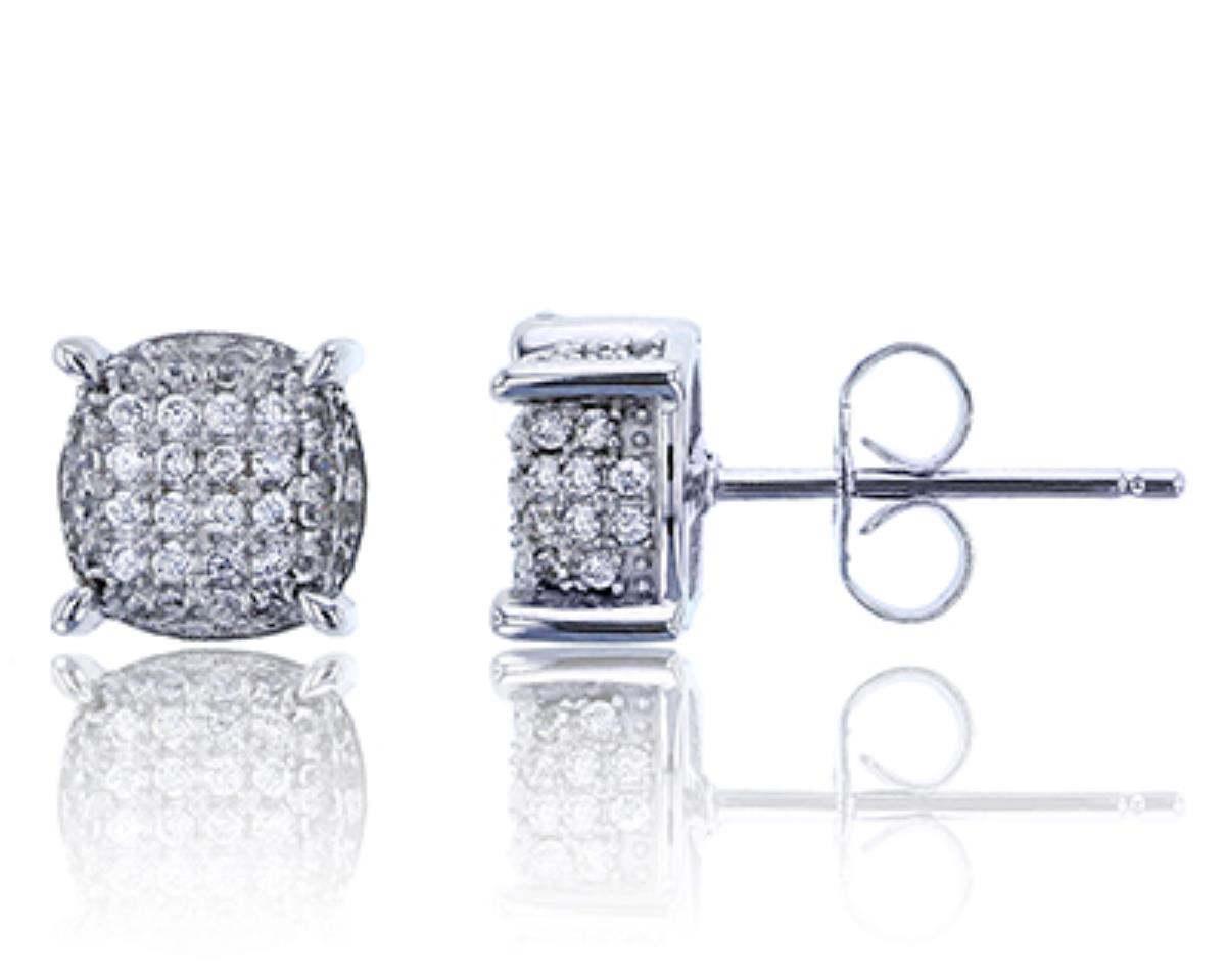 Sterling Silver Rhodium Micropave Round CZ 3D Circle Stud Earring