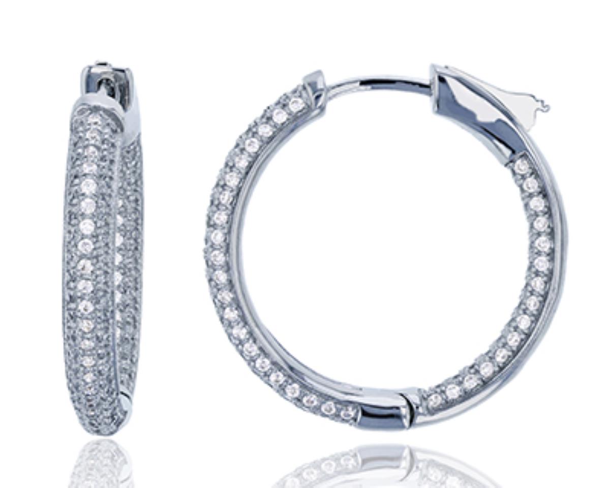 Sterling Silver Rhodium 3x25mm Micropave 3 Row Hoop Earring with Safety Lock