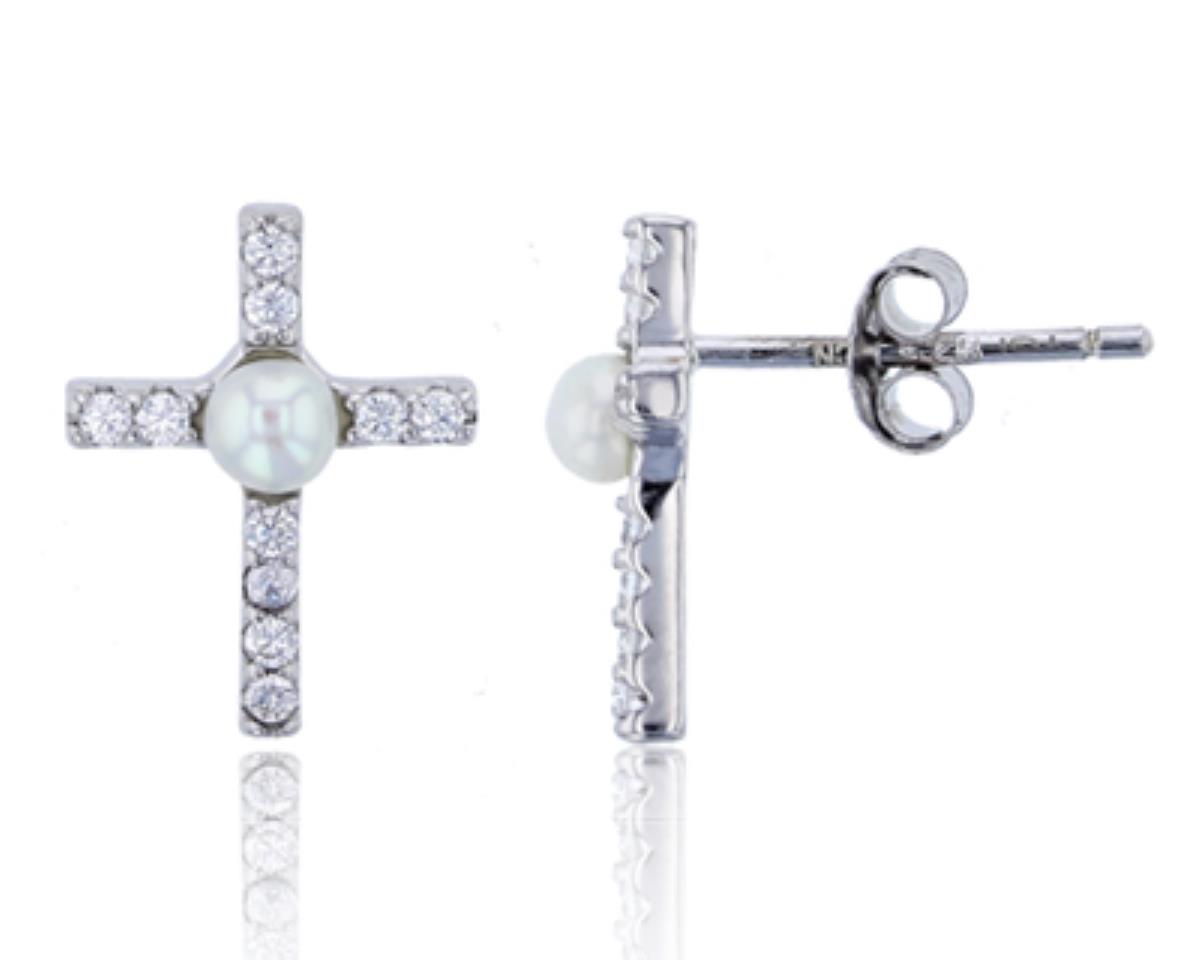 Sterling Silver Rhodium 3mm Fresh Water Pearl and CZ Cross Stud Earring