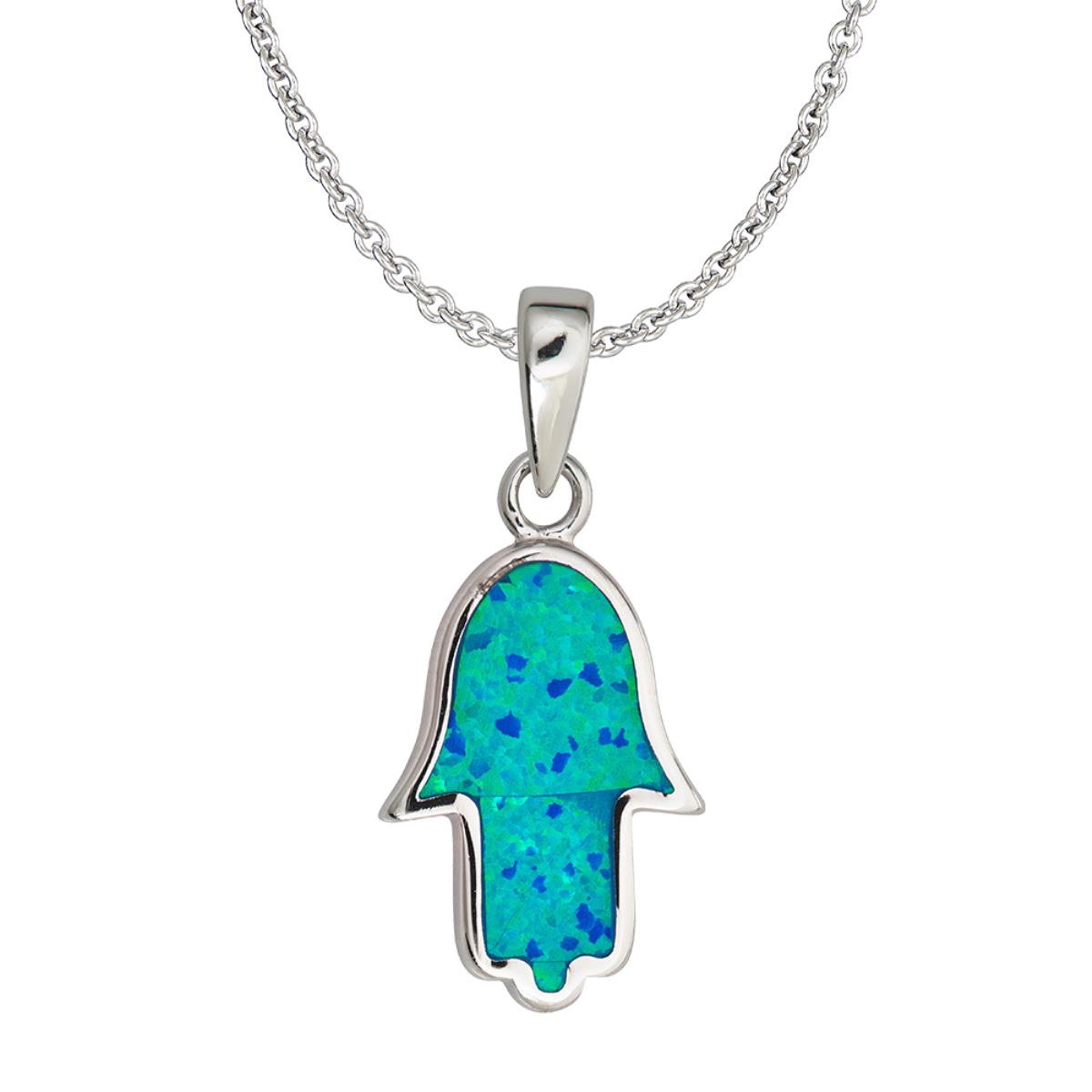 Sterling Silver Rhodium Created Opal Hamsa 18" Necklace