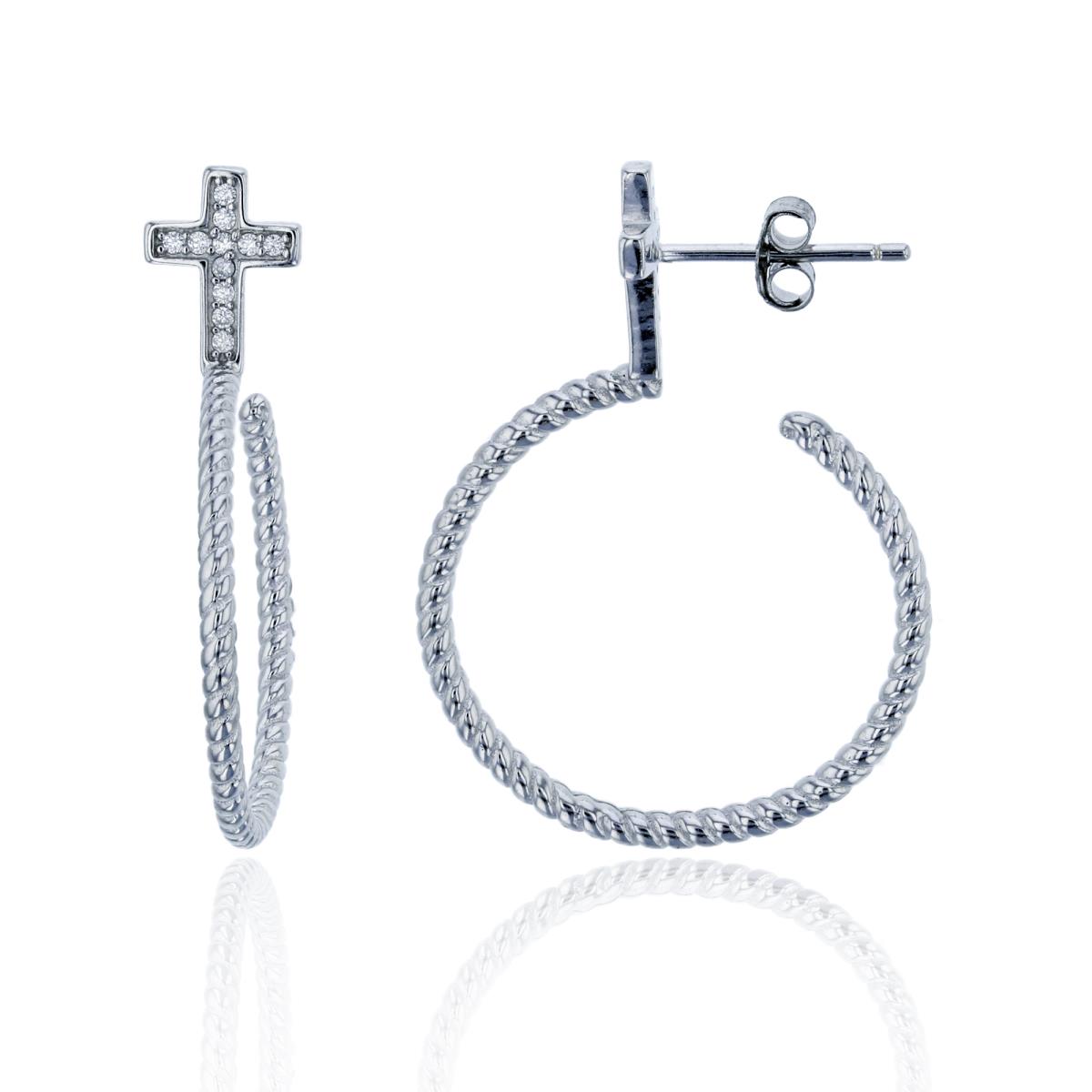 Sterling Silver Rhodium Micropave Cross 30mm Rope Hoop Earring
