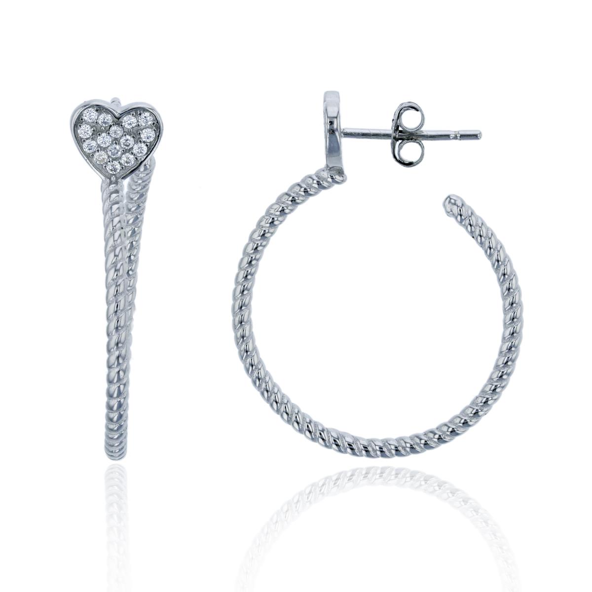 Sterling Silver Rhodium Micropave Heart 30mm Rope Hoop Earring