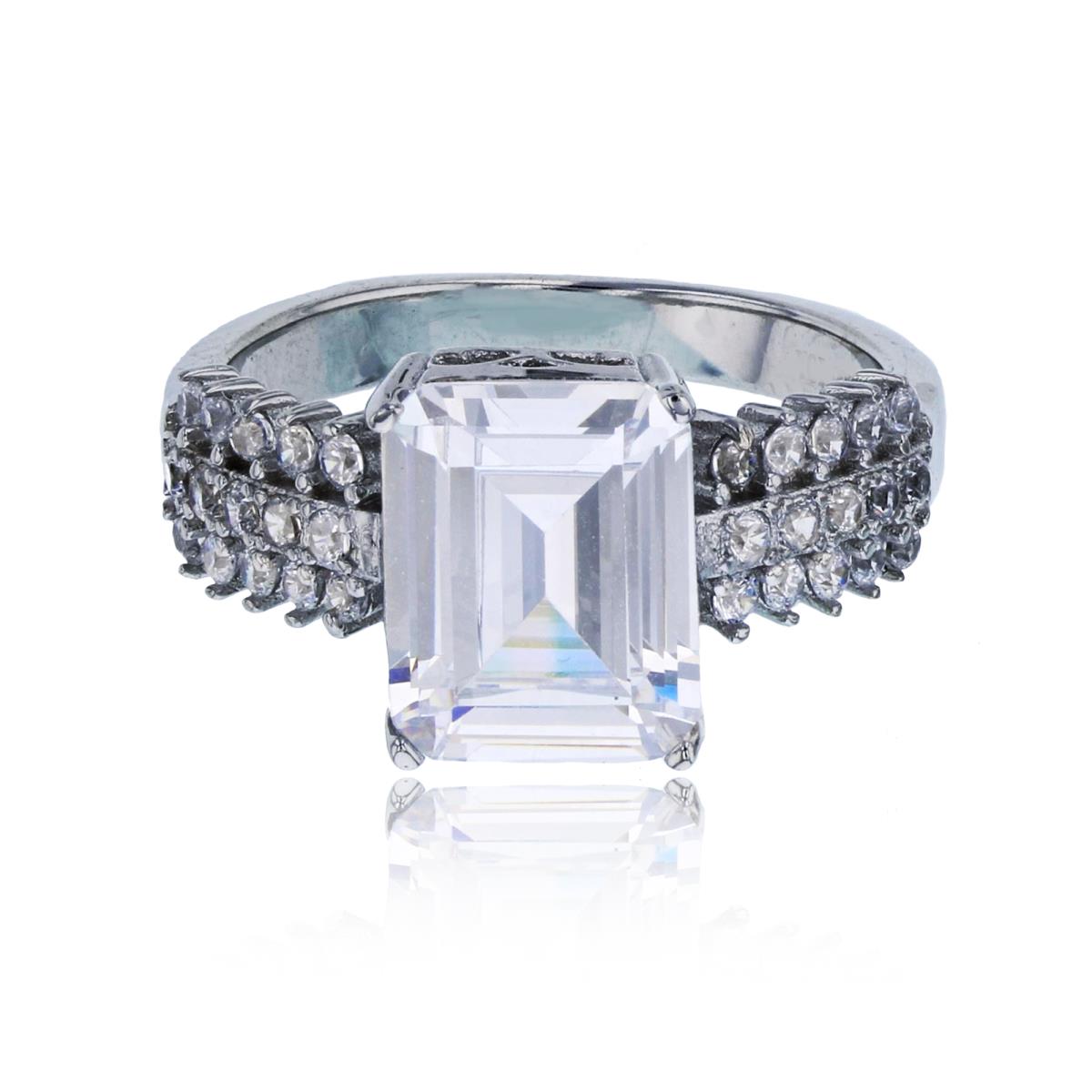 Sterling Silver Rhodium 8x10mm Emerald Cut CZ Micropave Sides Eng Ring