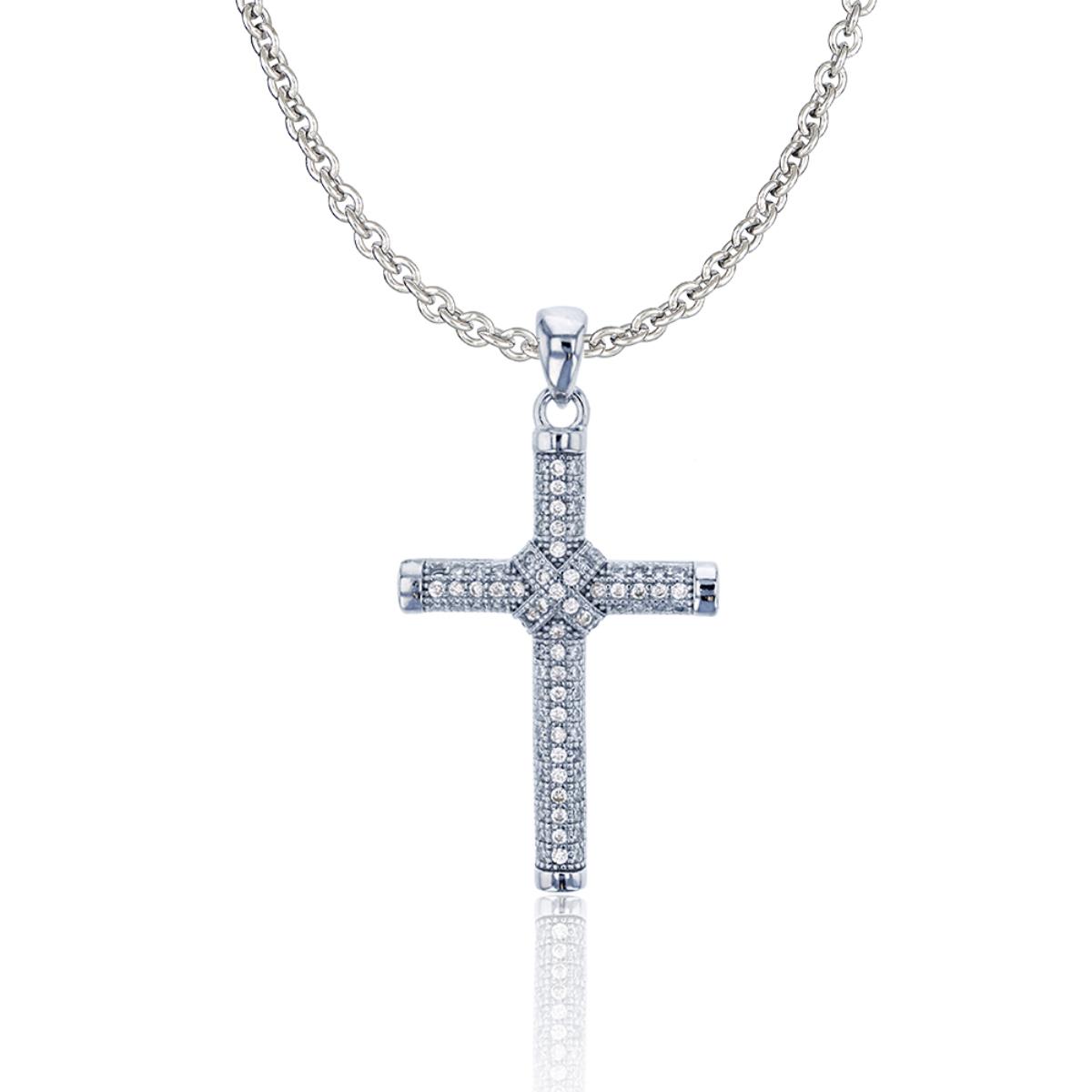 Sterling Silver Rhodium Micropave Cross Dangling 18" Necklace