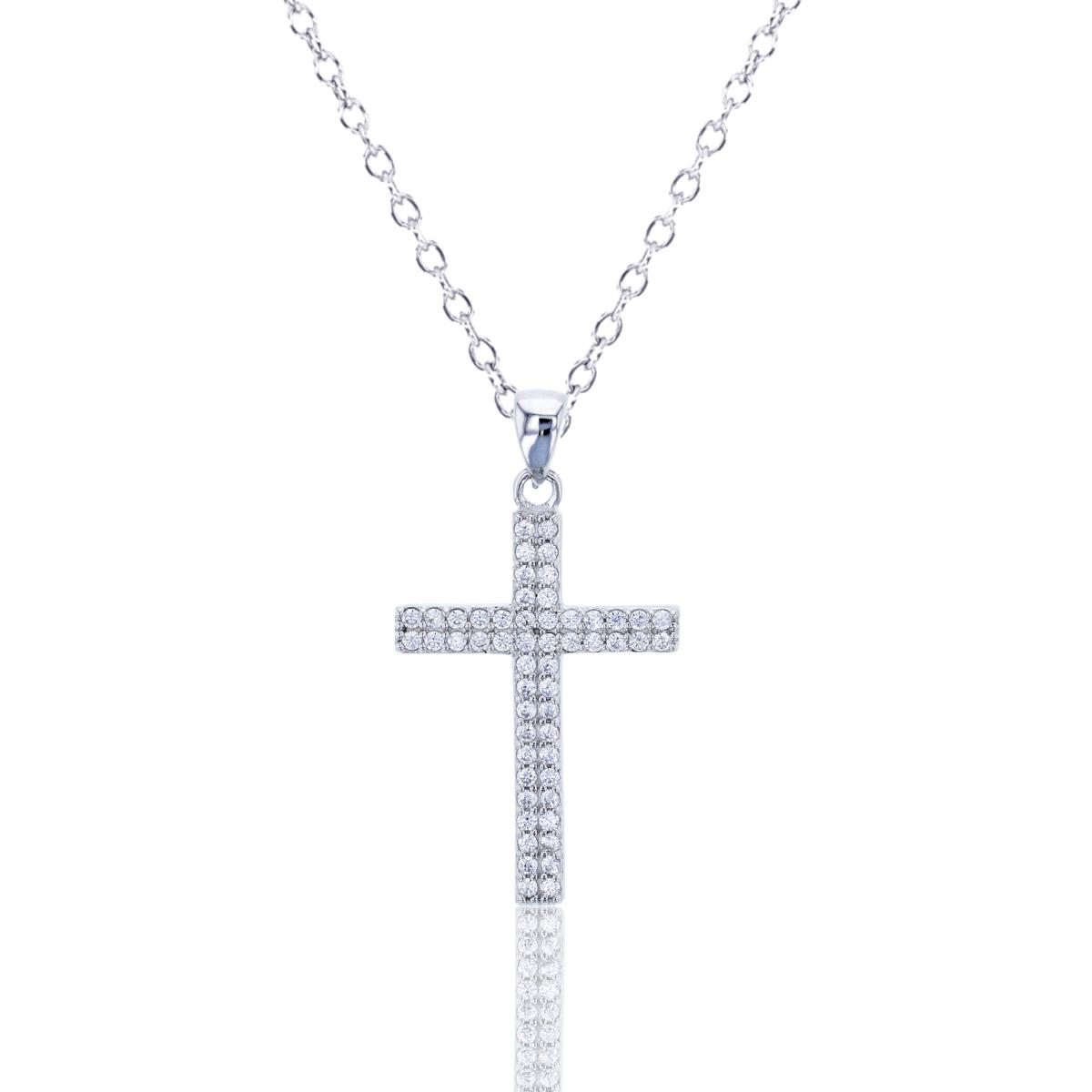  Sterling Silver Rhodium Micropave 1.3mm Round CZ Cross Dangling 18" Necklace