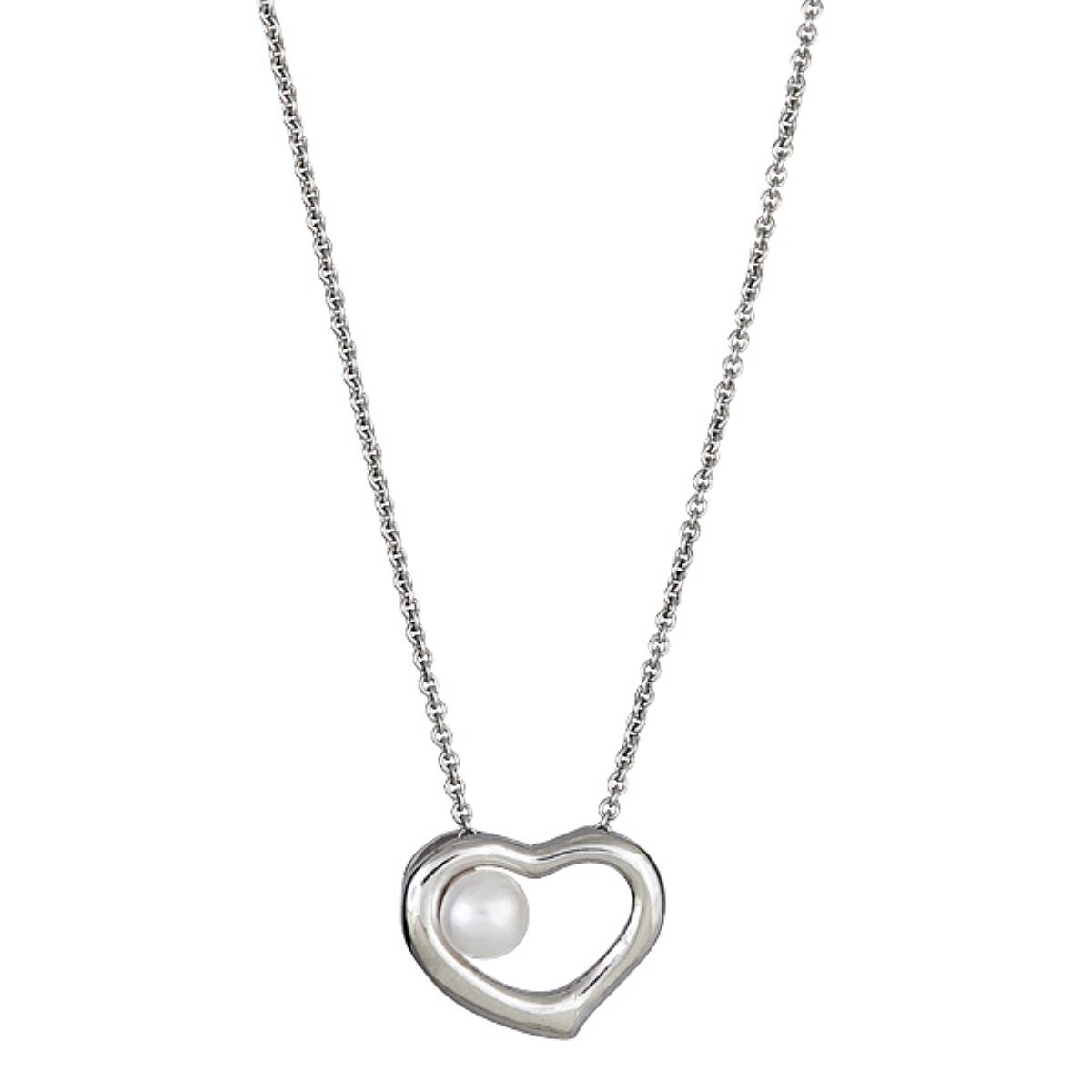 Sterling Silver Rhodium Freshwater Pearl Heart 18" Necklace