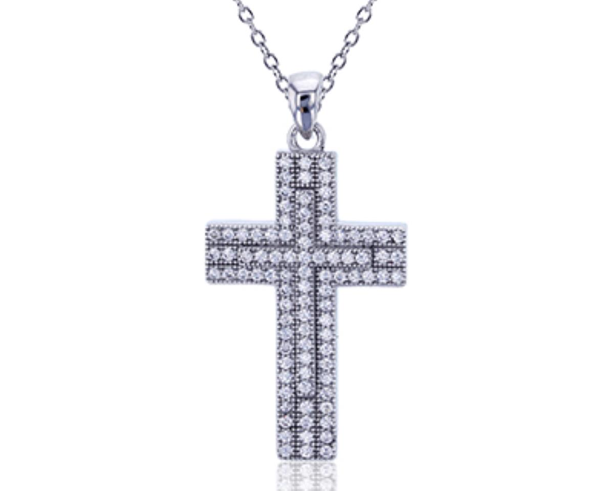 Sterling Silver Rhodium Round CZ Cross Dangling 18" Necklace