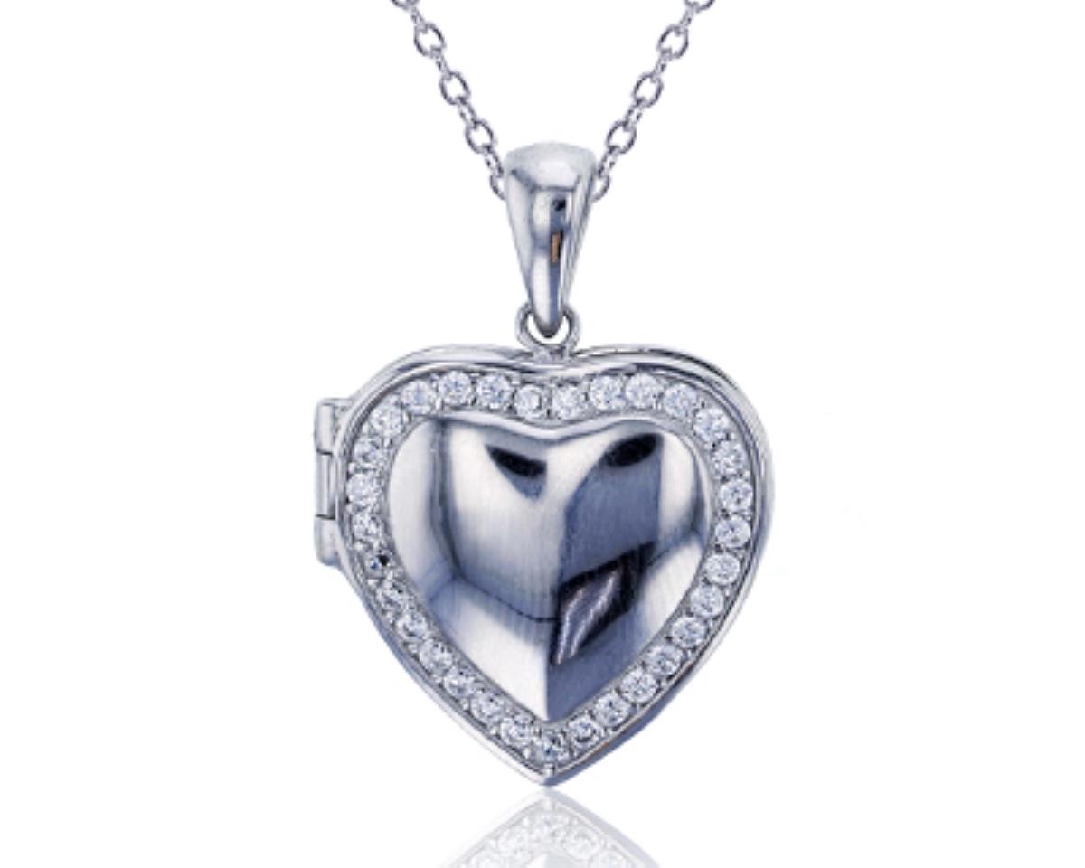 Sterling Silver Rhodium High Polished Round CZ Heart 18" Necklace