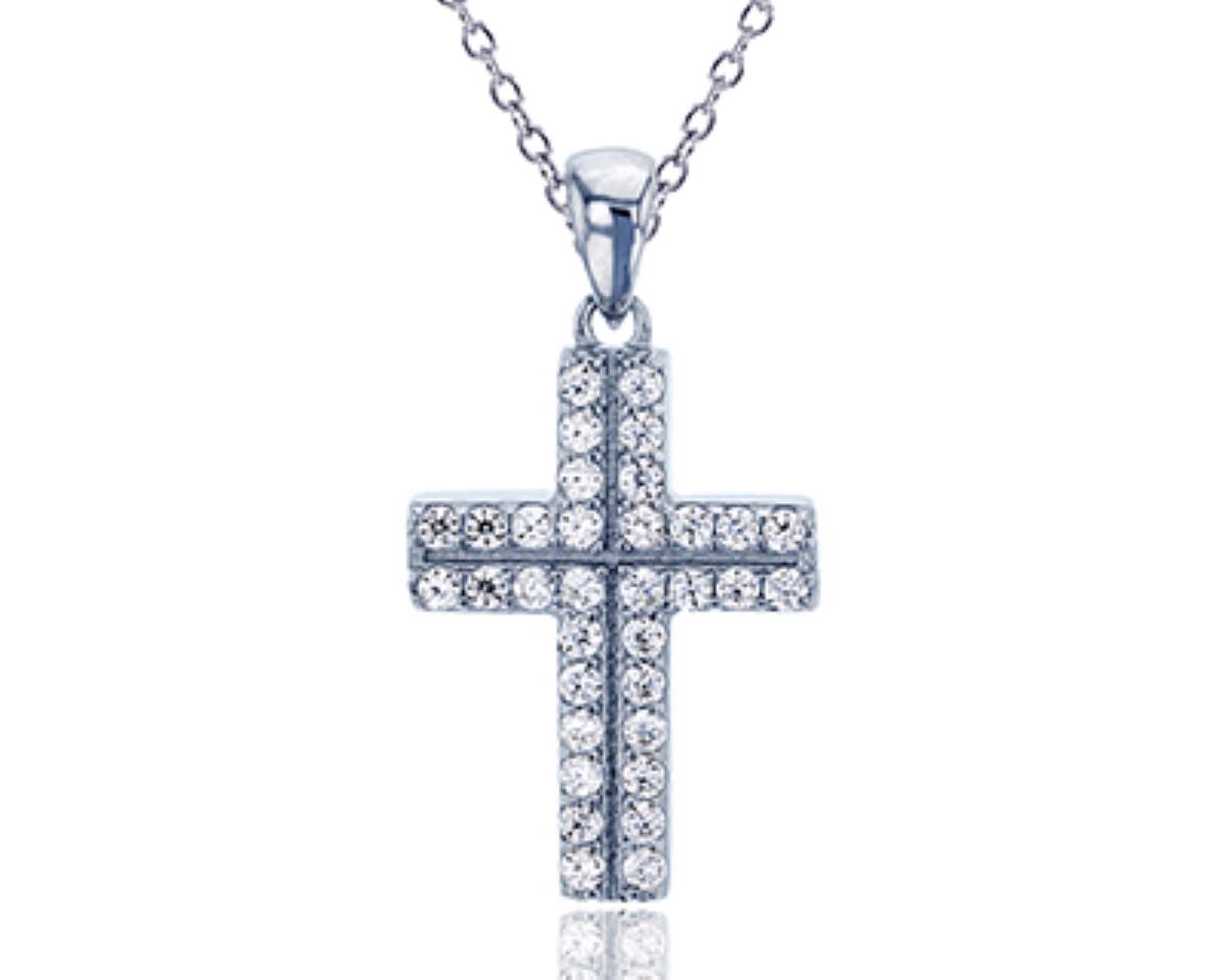 Sterling Silver Rhodium Micropave Round CZ Cross Dangling 18" Necklace