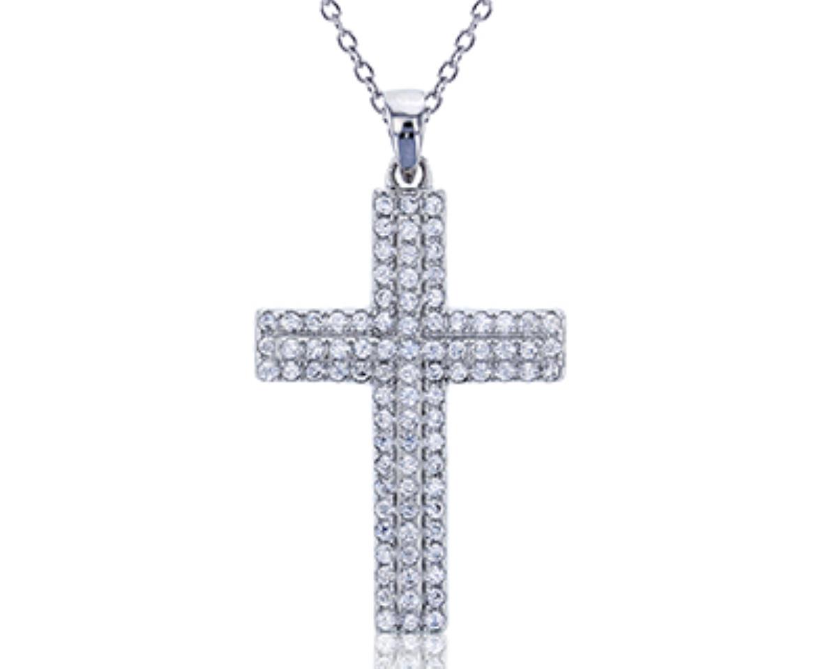 Sterling Silver Rhodium Micropave 1.1mm Round CZ Cross 18" Necklace
