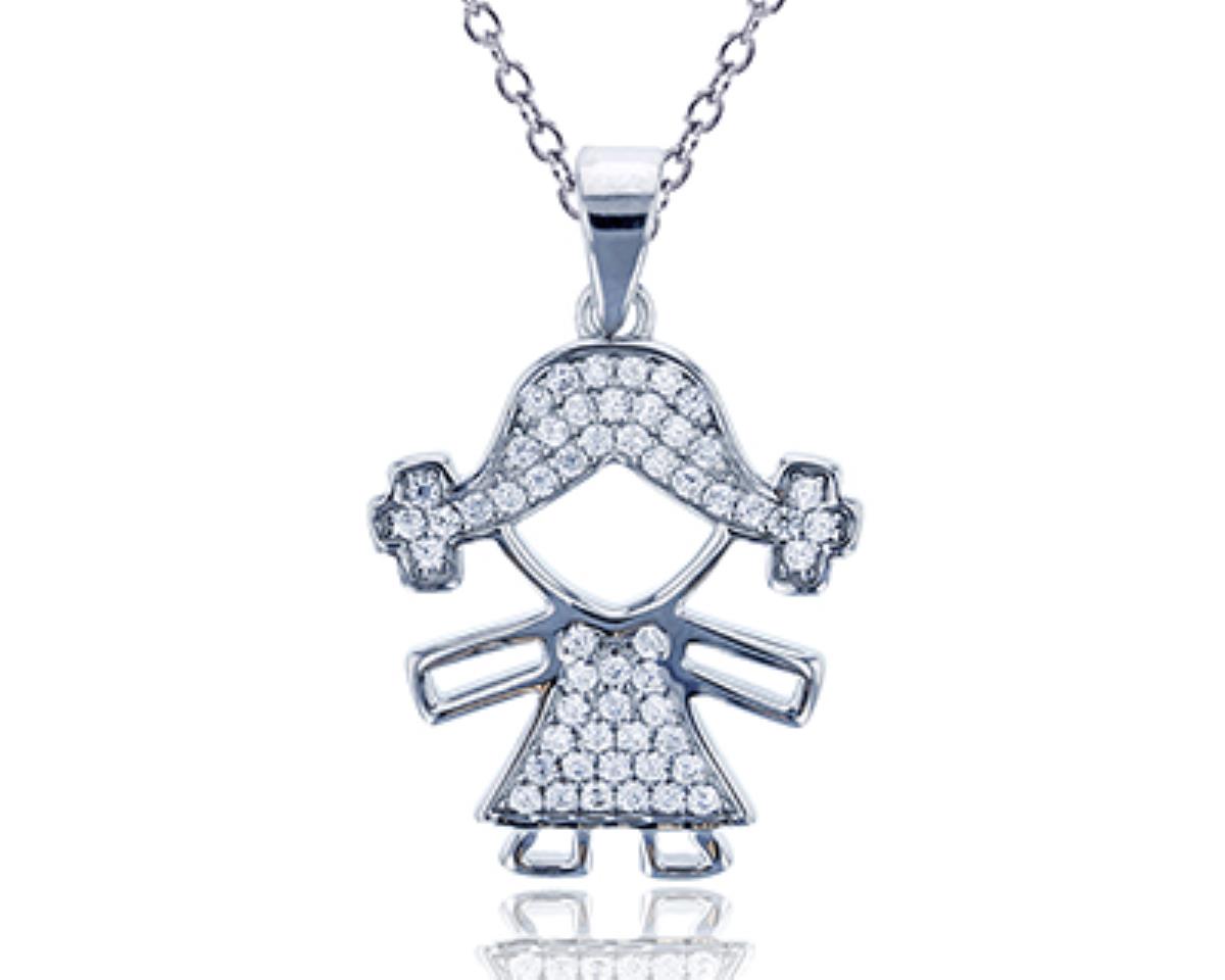 Sterling Silver Rhodium Micropave Girl Dangling 18" Necklace