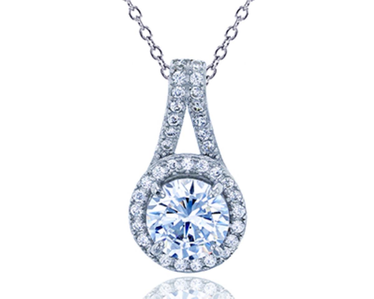 Sterling Silver Rhodium Round CZ Halo Dangling 18" Necklace