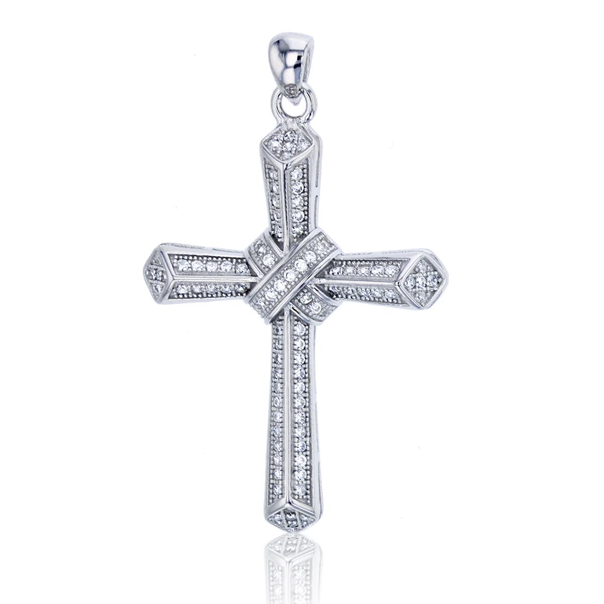 Sterling Silver Rhodium 41x25mm Micropave Cross Knot Dangling Pendant