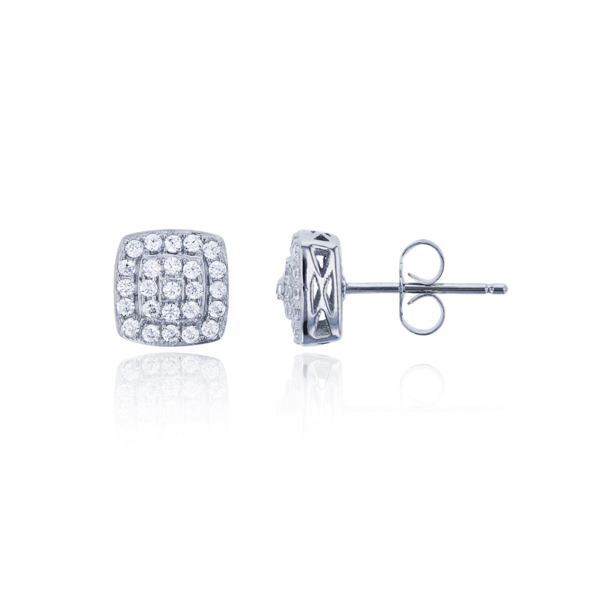 Sterling Silver Rhodium Micropave Square CZ Stud Earring