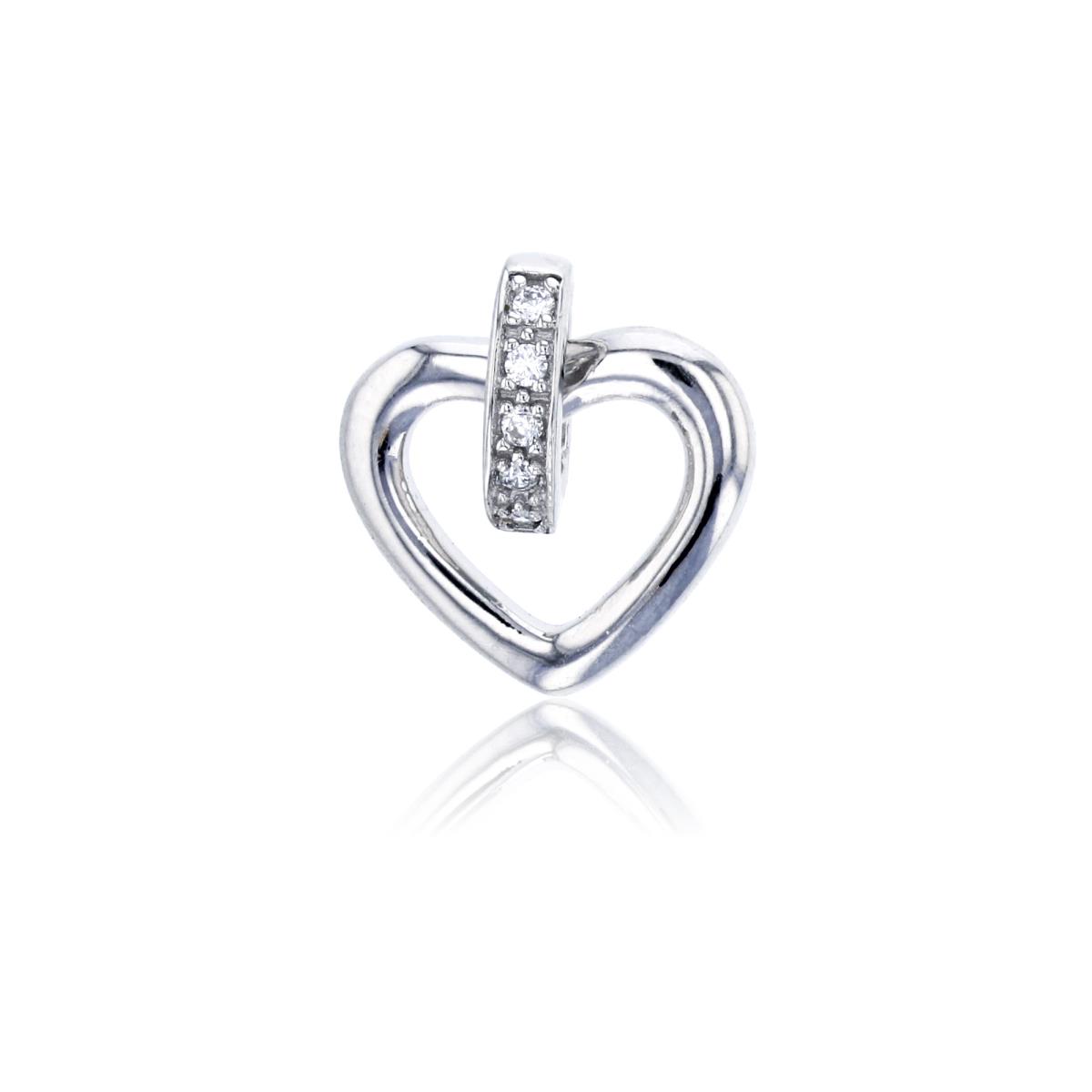 Sterling Silver Rhodium 16x13mm Polished Metal Heart and CZ Bail Dangling Pendant