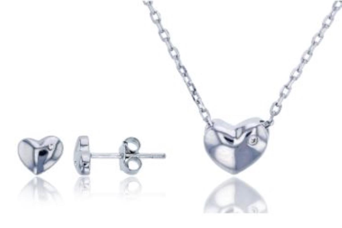 Sterling Silver Rhodium Pave Heart Stud and 13+2" Necklace Set