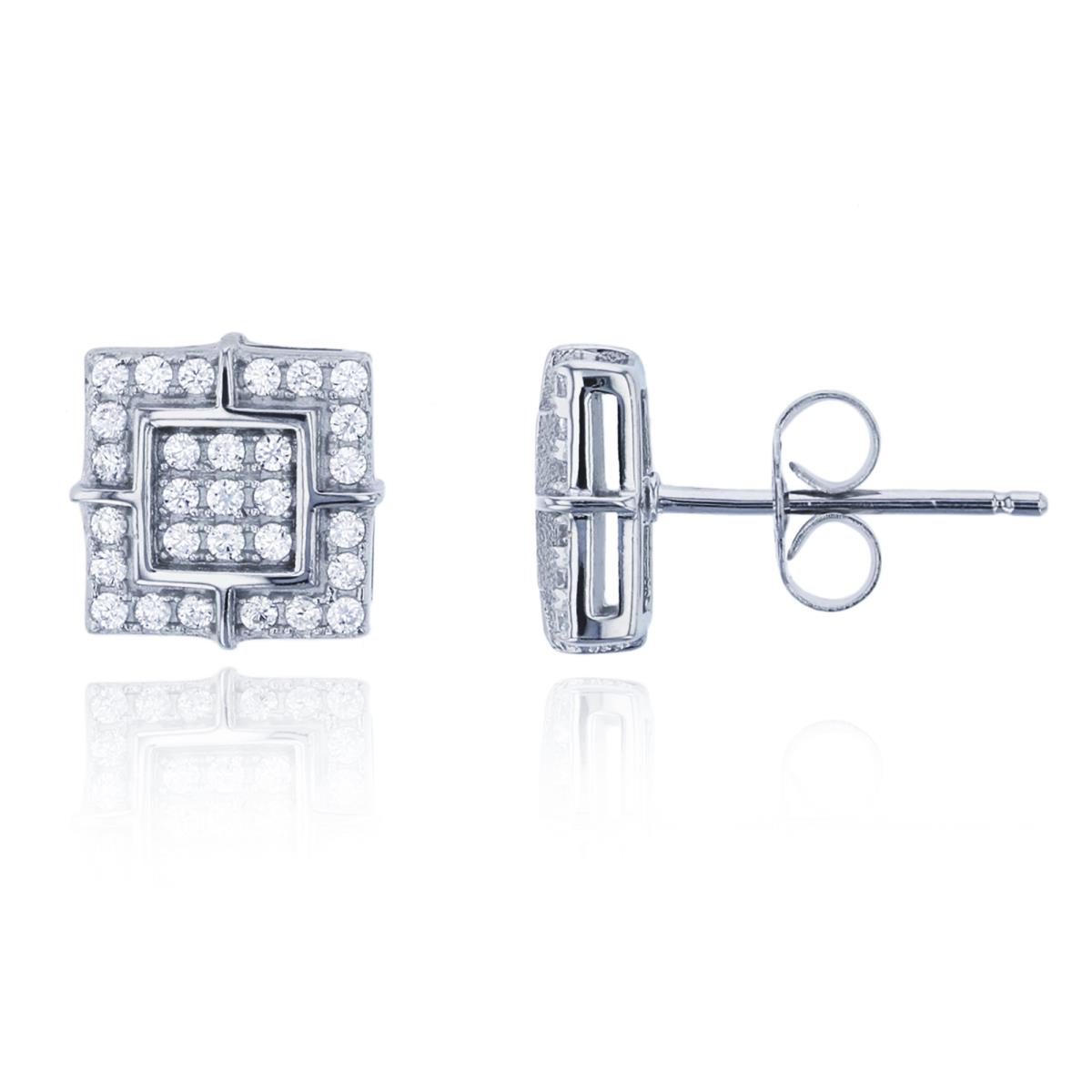 Sterling Silver Rhodium 8x8mm Square Micropave CZ Stud Earring