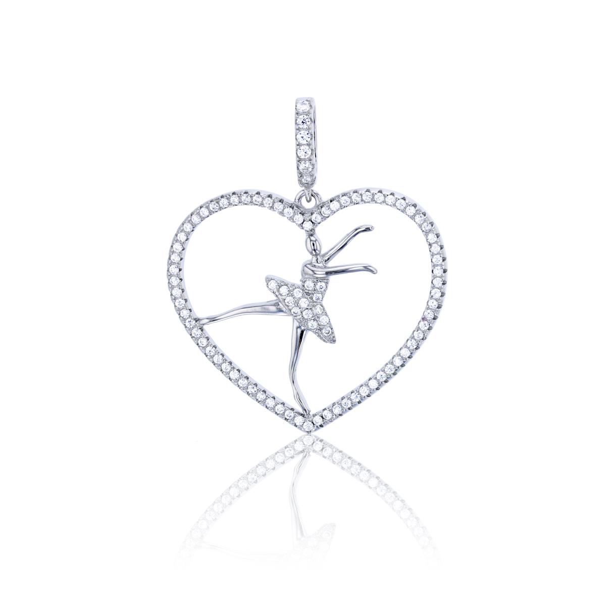 Sterling Silver Rhodium Micropave Open Heart with Dancing Ballerina Inside CZ Dangling Pendant