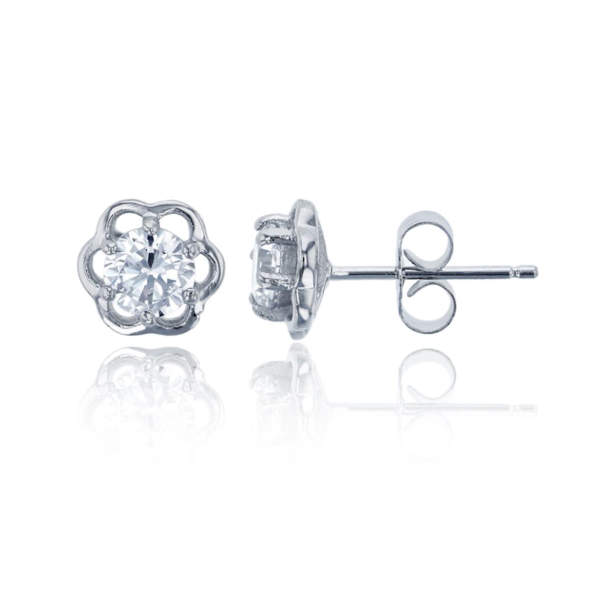 Sterling Silver Rhodium 5mm Round Cut Flower Solitaire Stud Earring