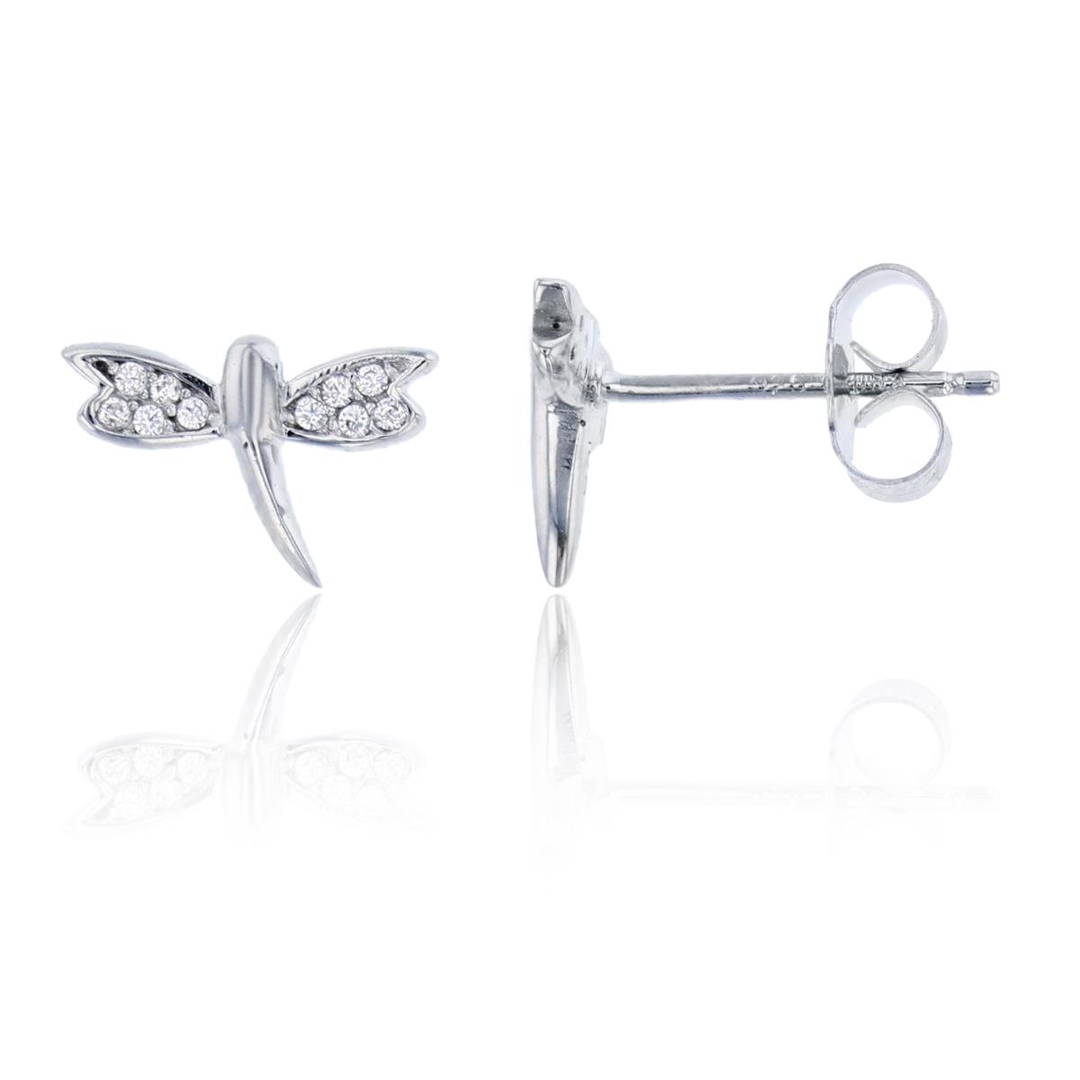 Sterling Silver Rhodium Micropave Polish 7x11mm Dragonfly Stud Earring