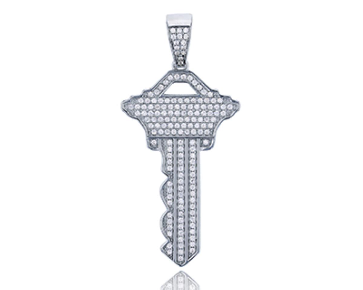 Sterling Silver Rhodium Micropave Key Pendant