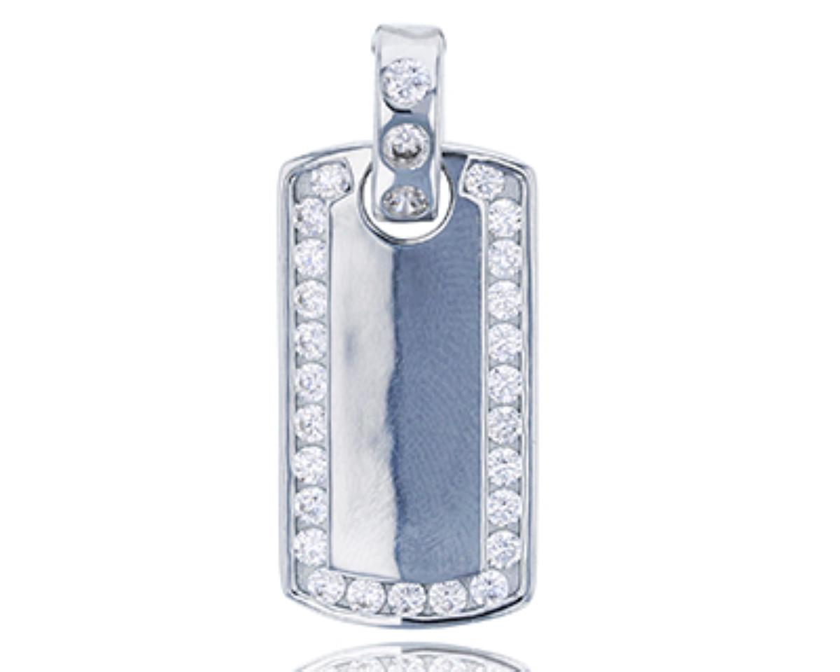 Sterling Silver Rhodium Micropave Channel CZ Dog Tag Pendant