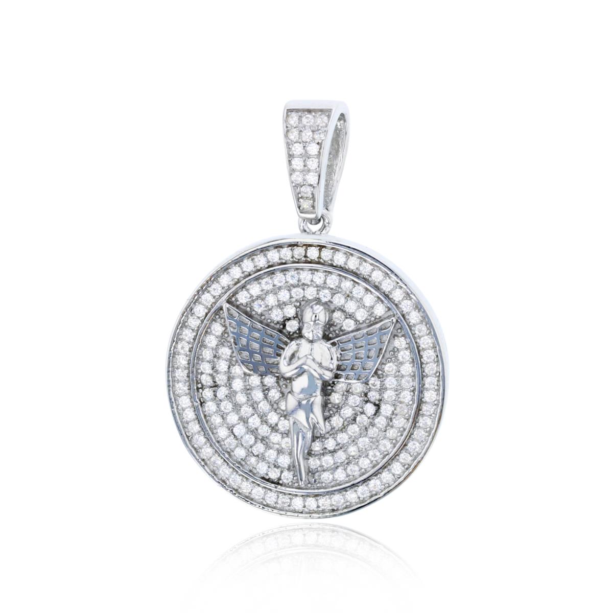 Sterling Silver Rhodium Micropave Angel In Circle Pendant