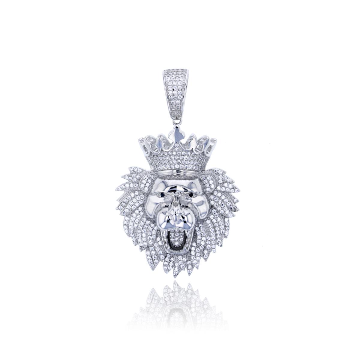 Sterling Silver Rhodium 62x37mm Micropave King Lion Head Dangling Pendant