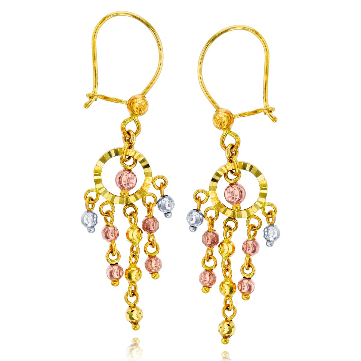 10K Tri-color Gold Diamond Cut Open Circle and Bead Dangling Earring