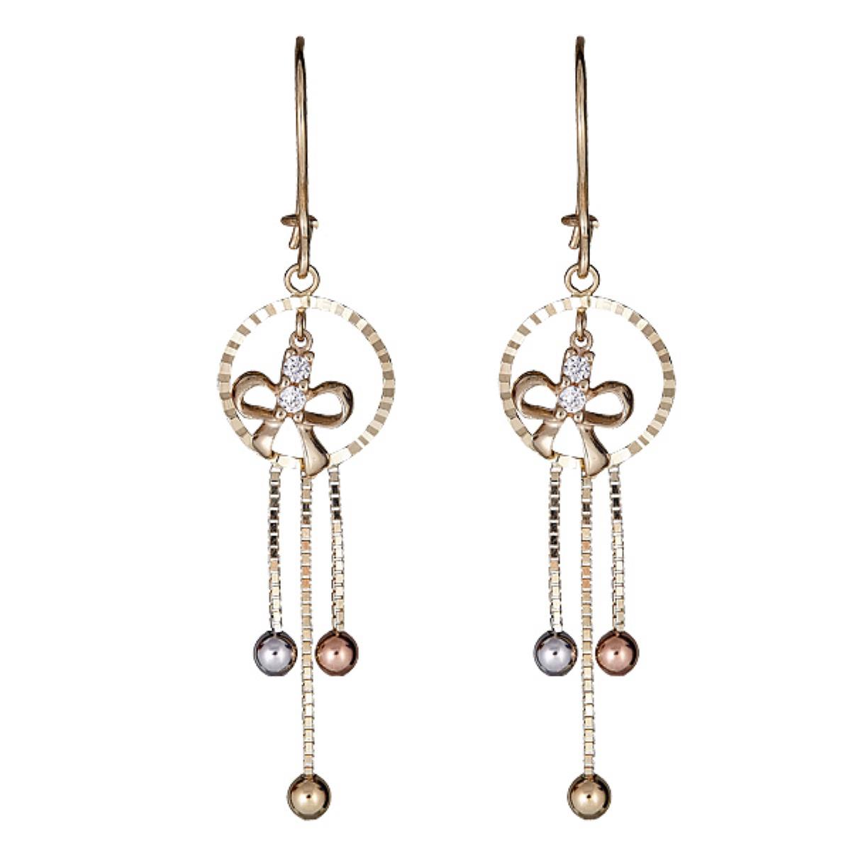 10K Gold Tri-color DC Circle Ribbon Dangling Earring with Cubic Zirconia 