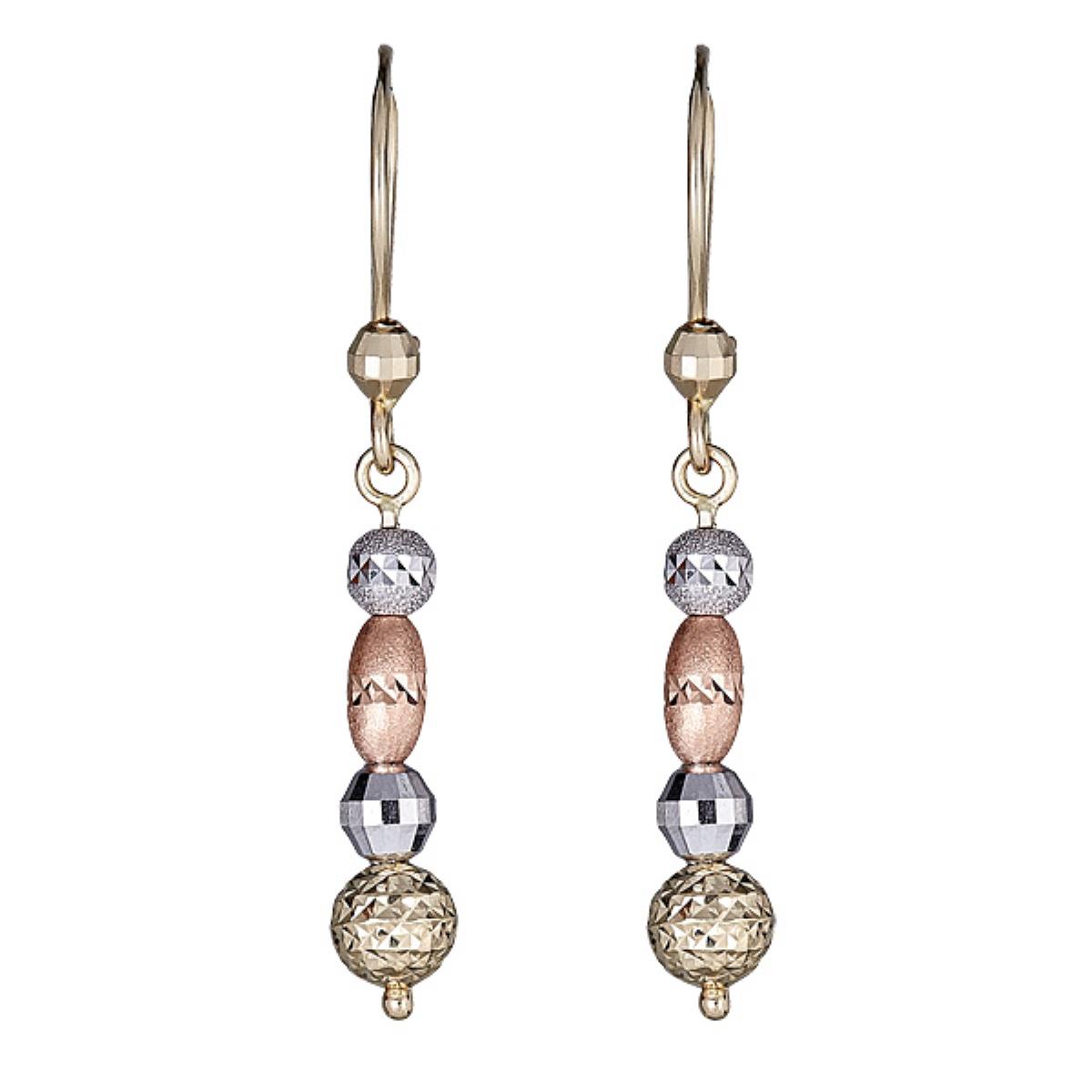 10K Tri-color Gold Diamond Cut Bead Linear Dangling Earring