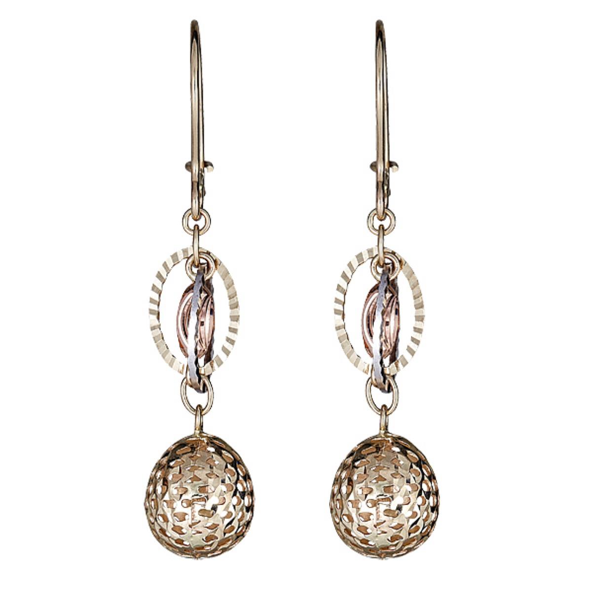 10K Tri-color Gold  Diamond Cut 9mm Filigree Ball Dangle Earring
