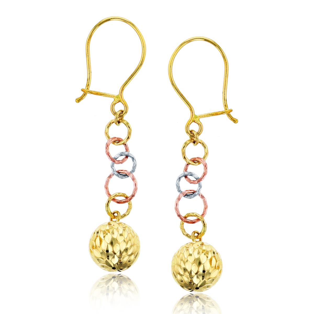 10K Tri-color Gold 8mm Diamond Cut Ball Dangling Earring