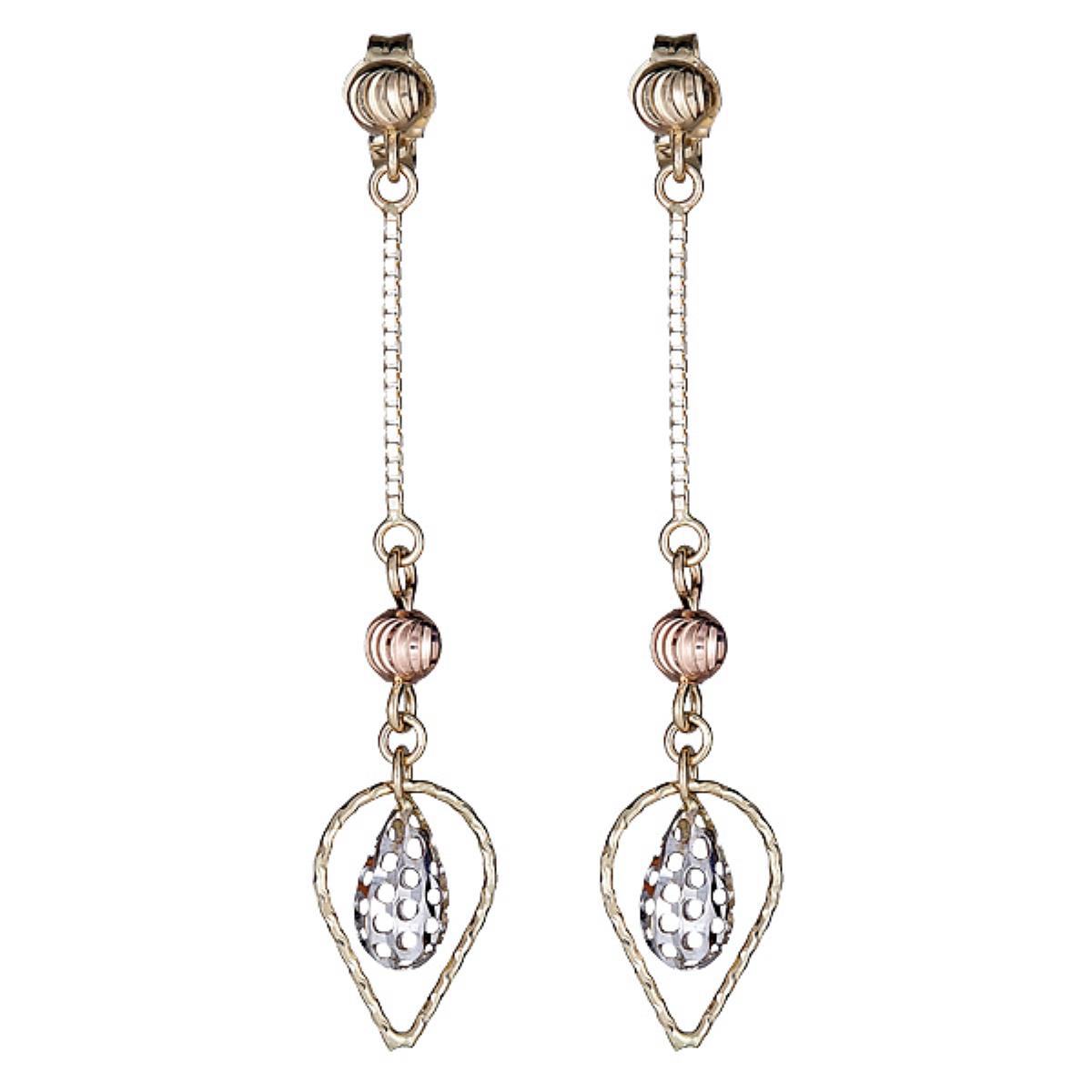 10K Tri-color Gold Filigree Teardrop Dangling Earring
