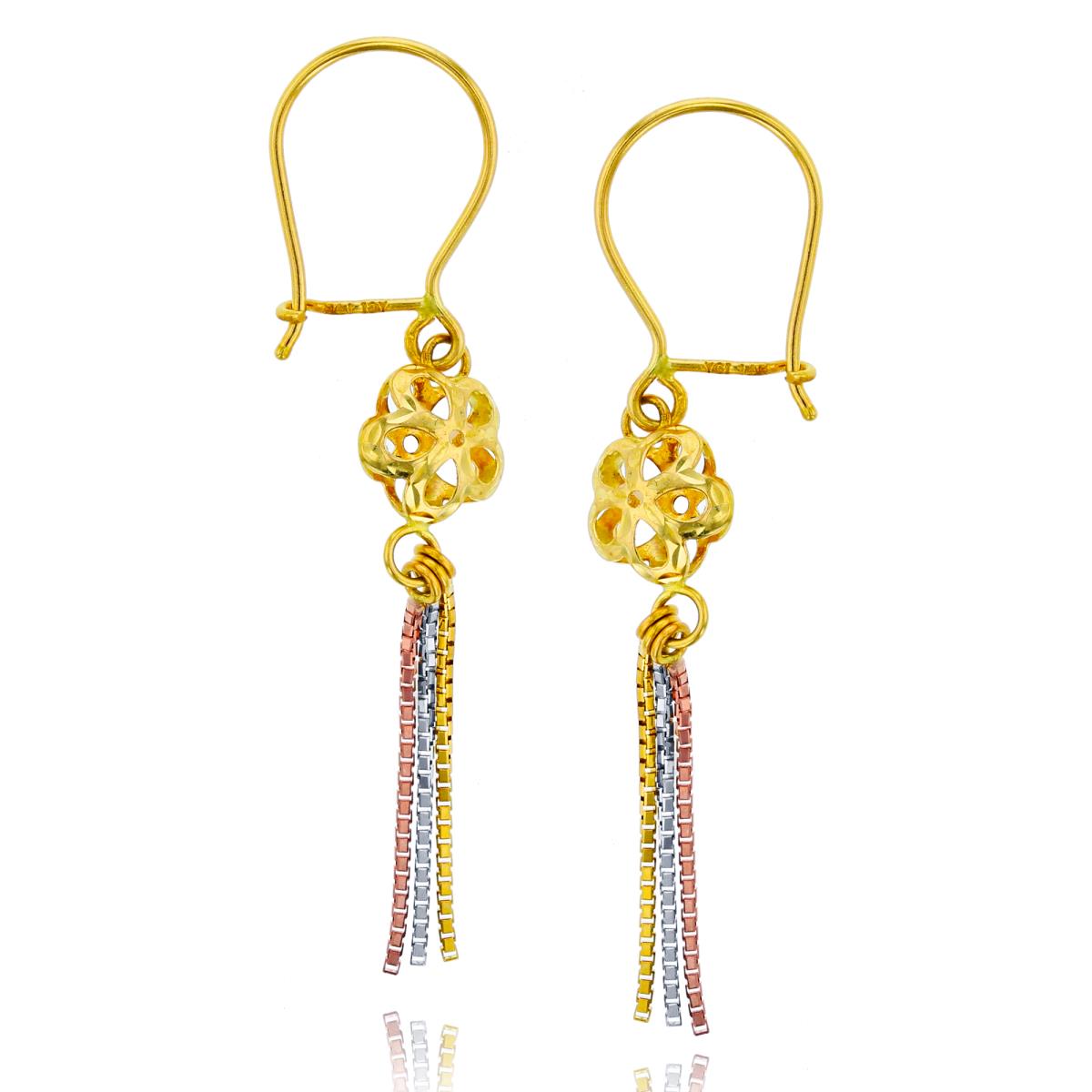 10K Tri-color Gold Puffy Flower Tassel Dangling Earring