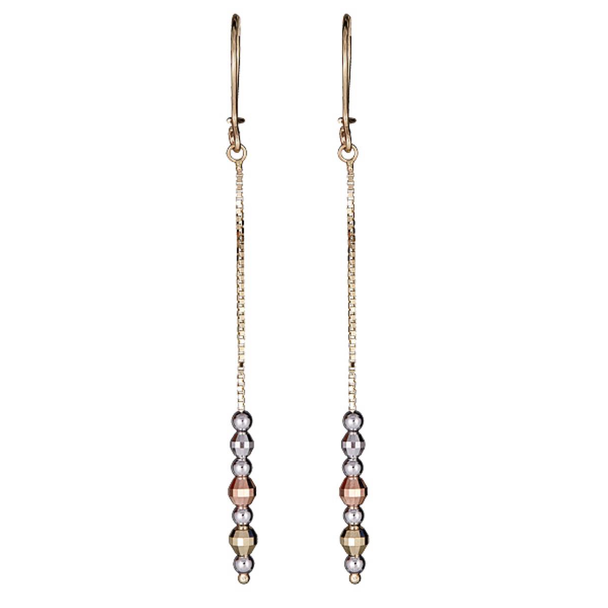10K Gold Tri-color DC Fancy Bead Linear Dangling Earring 