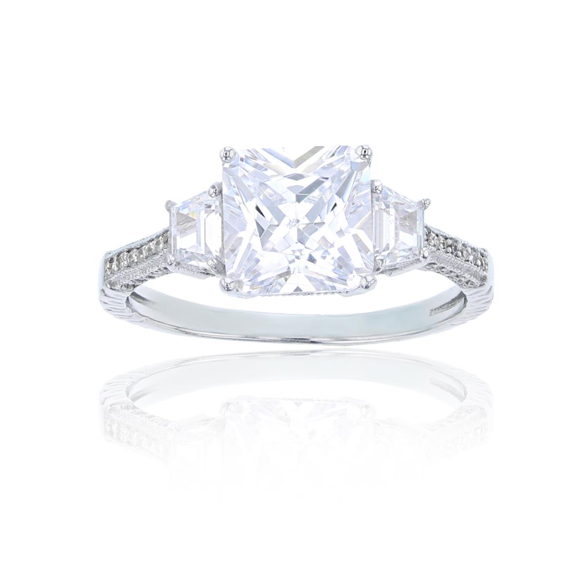 Platinum Plated Brass White Princess Cut 3 Stone Eng Ring